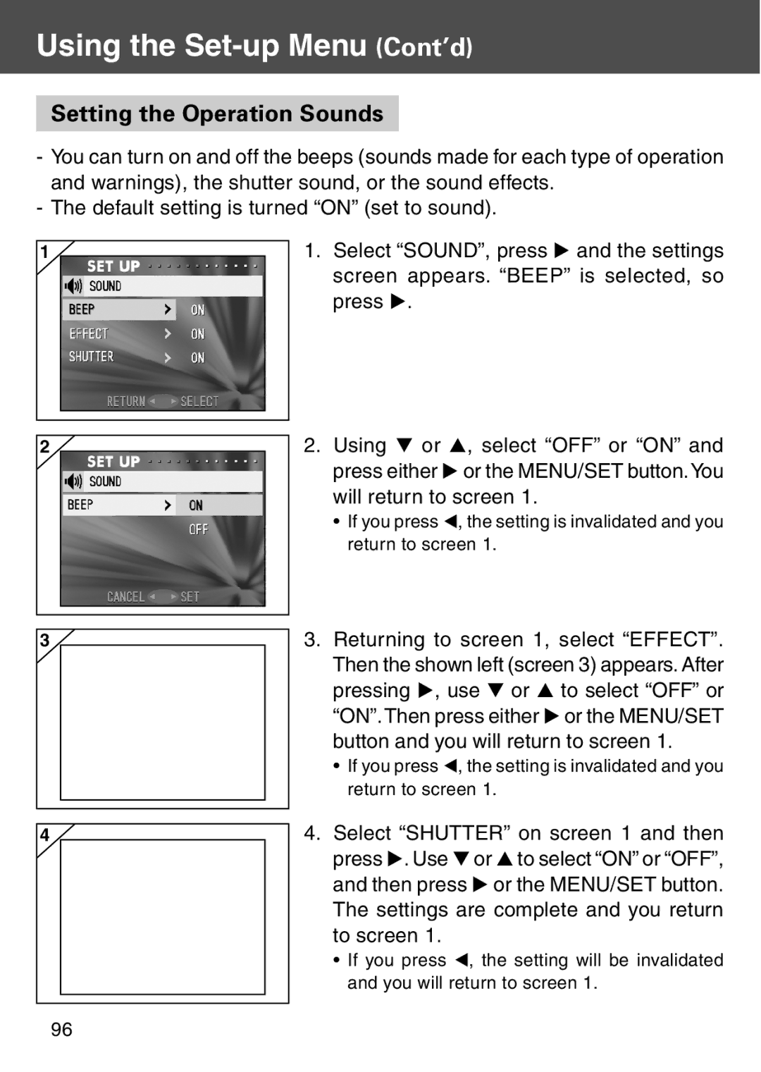 Konica Minolta KD-500Z user manual Setting the Operation Sounds, Returning to screen 1, select Effect 