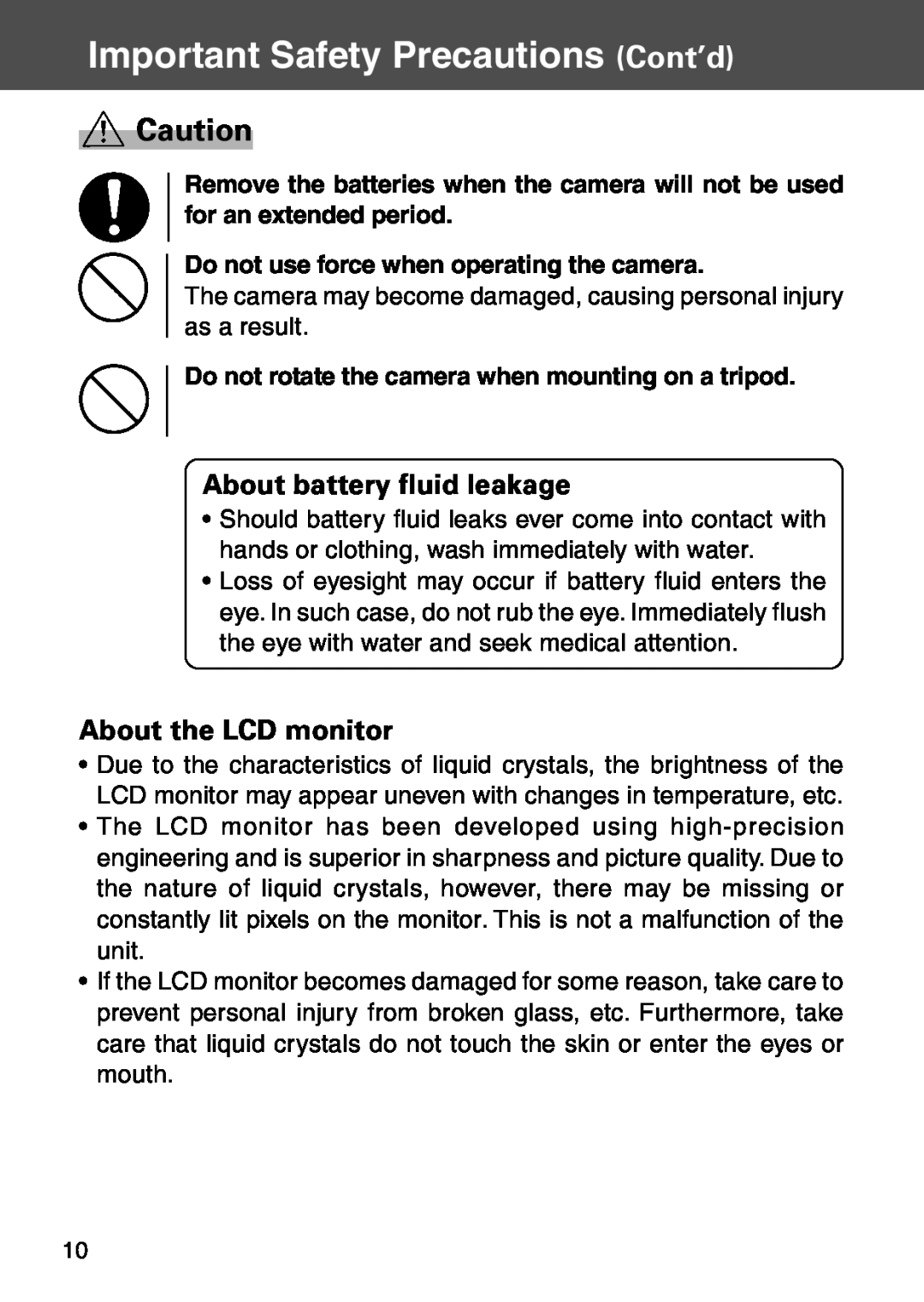 Konica Minolta KD-500Z About battery fluid leakage, About the LCD monitor, Do not use force when operating the camera 