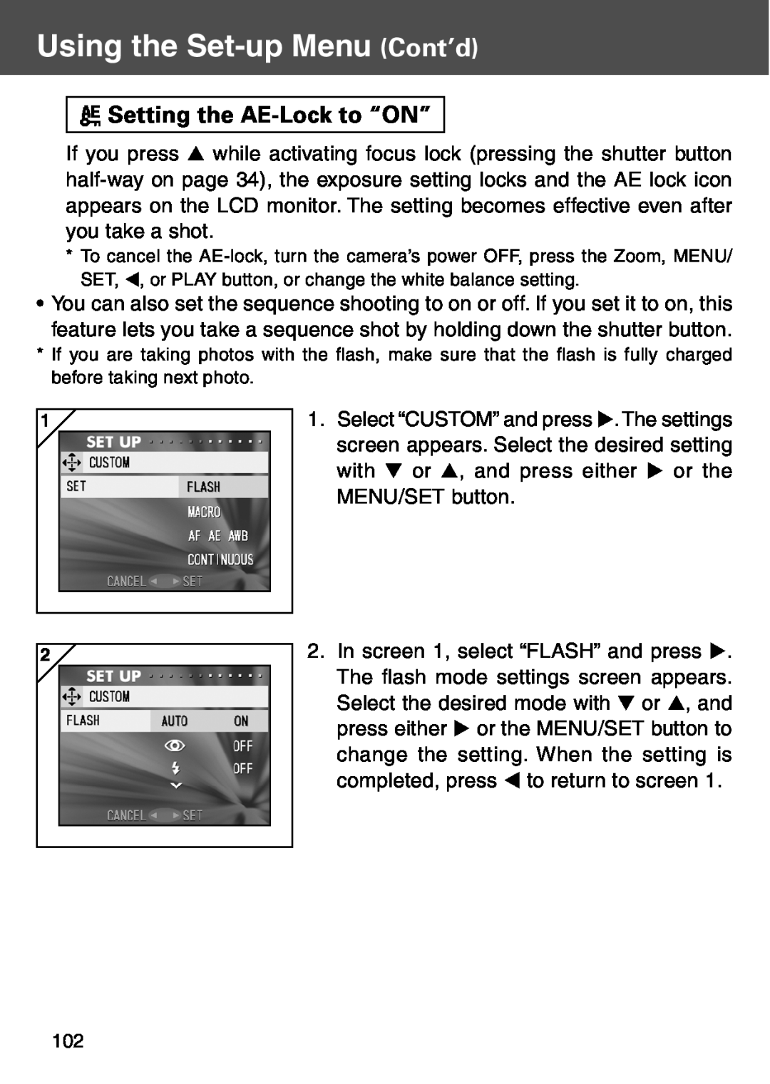 Konica Minolta KD-500Z user manual Setting the AE-Lock to “ON”, Using the Set-up Menu Cont’d 