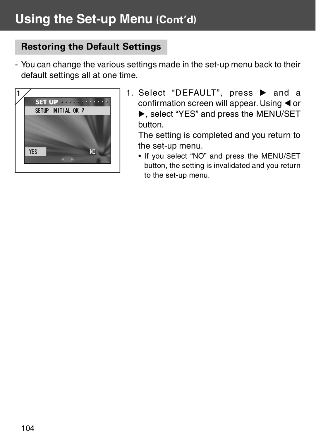 Konica Minolta KD-500Z user manual Restoring the Default Settings, Using the Set-up Menu Cont’d 