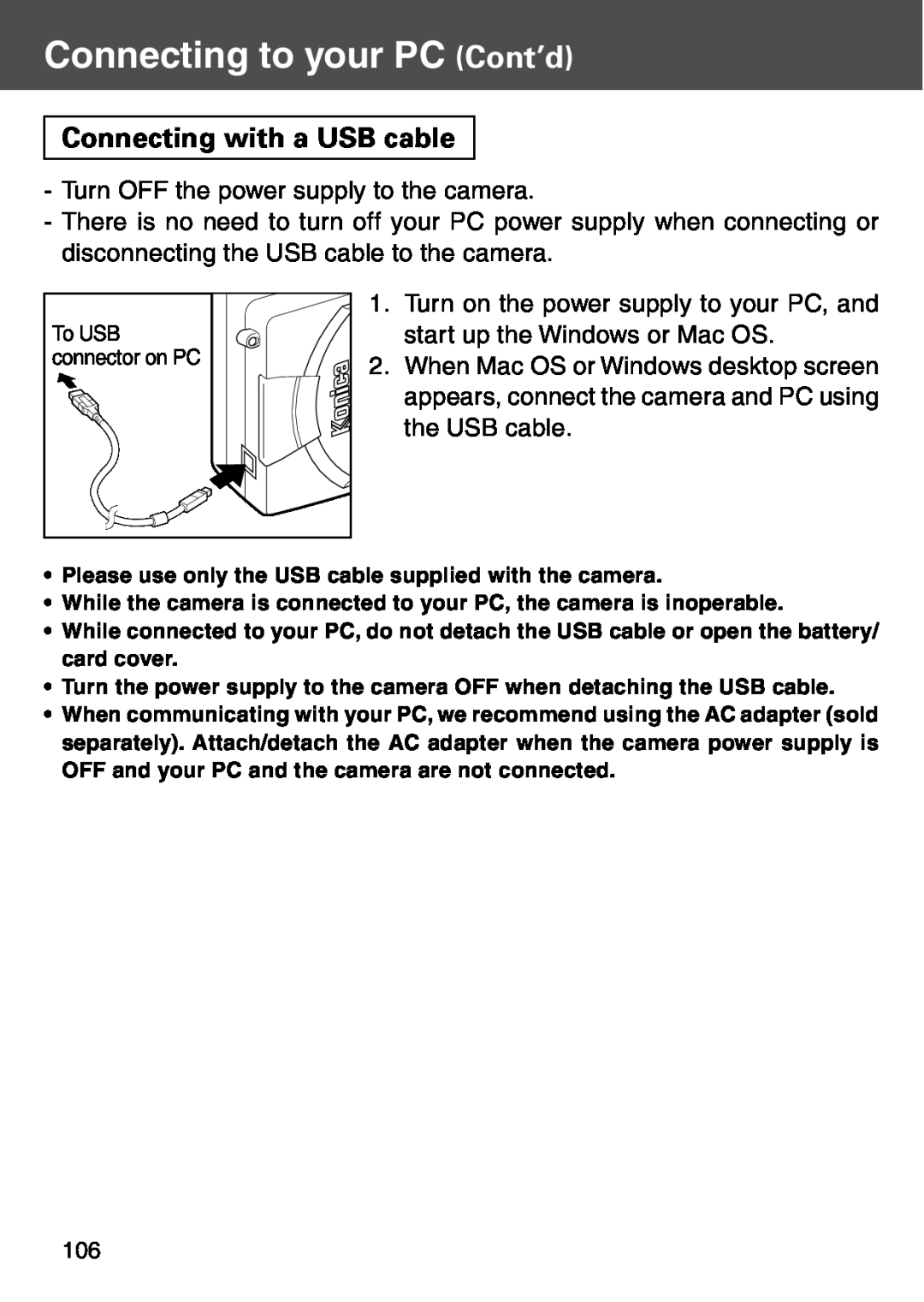 Konica Minolta KD-500Z user manual Connecting to your PC Cont’d, Connecting with a USB cable 