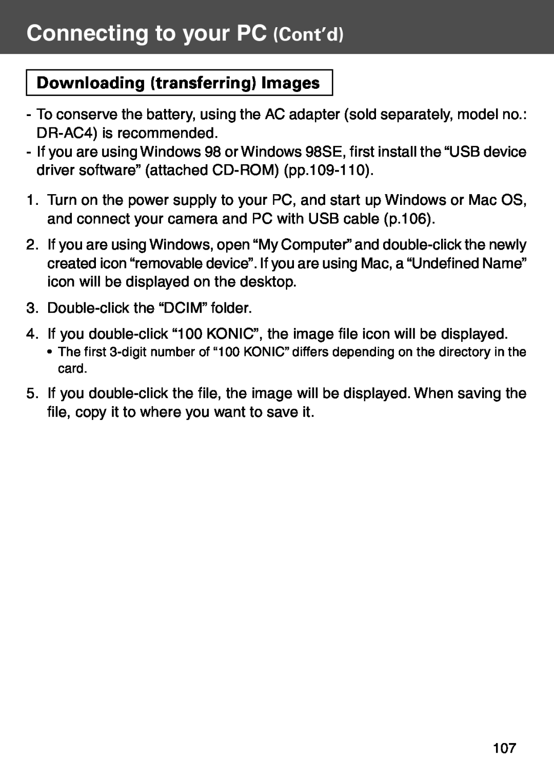 Konica Minolta KD-500Z user manual Downloading transferring Images, Connecting to your PC Cont’d 
