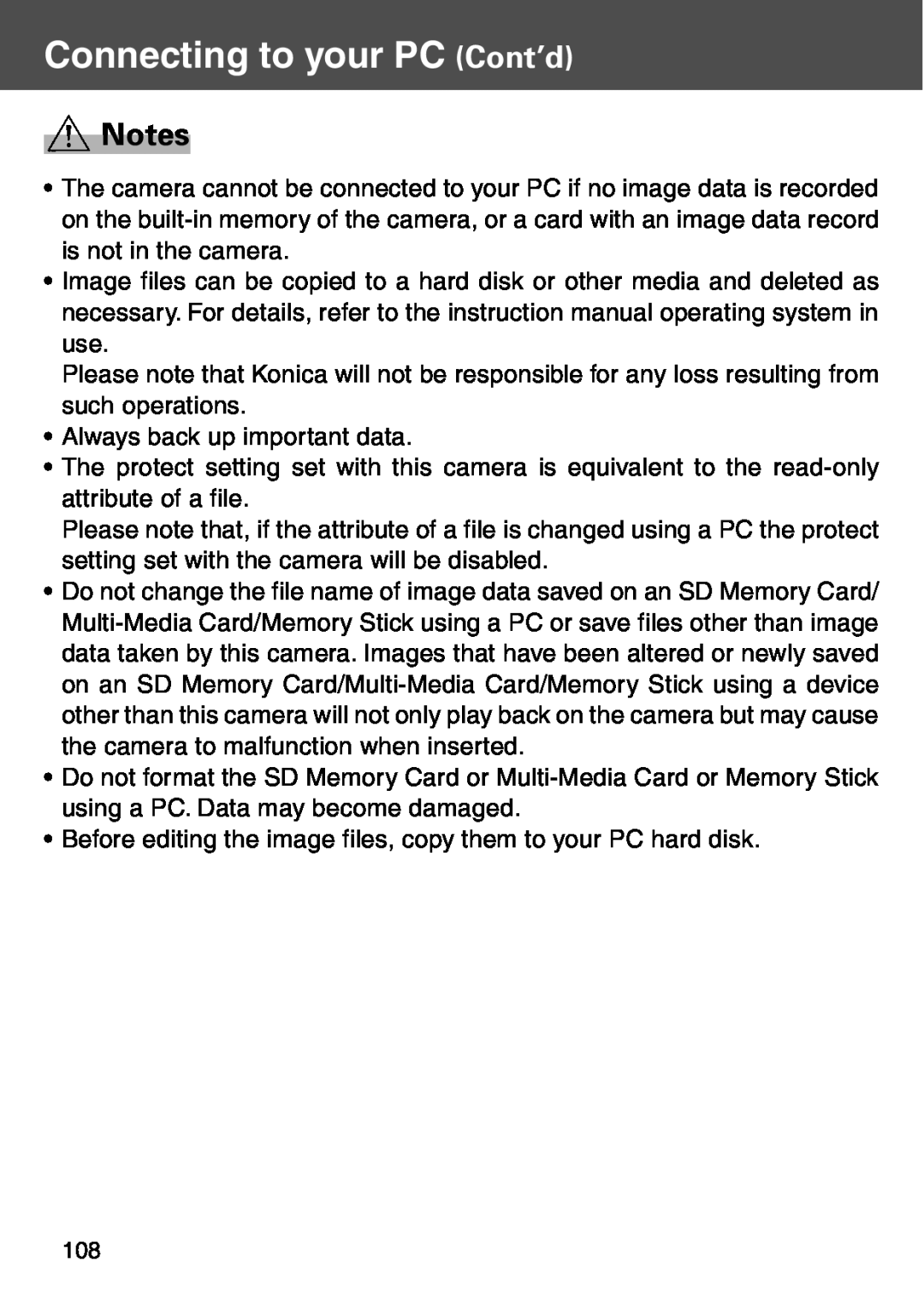 Konica Minolta KD-500Z user manual Connecting to your PC Cont’d, Always back up important data 