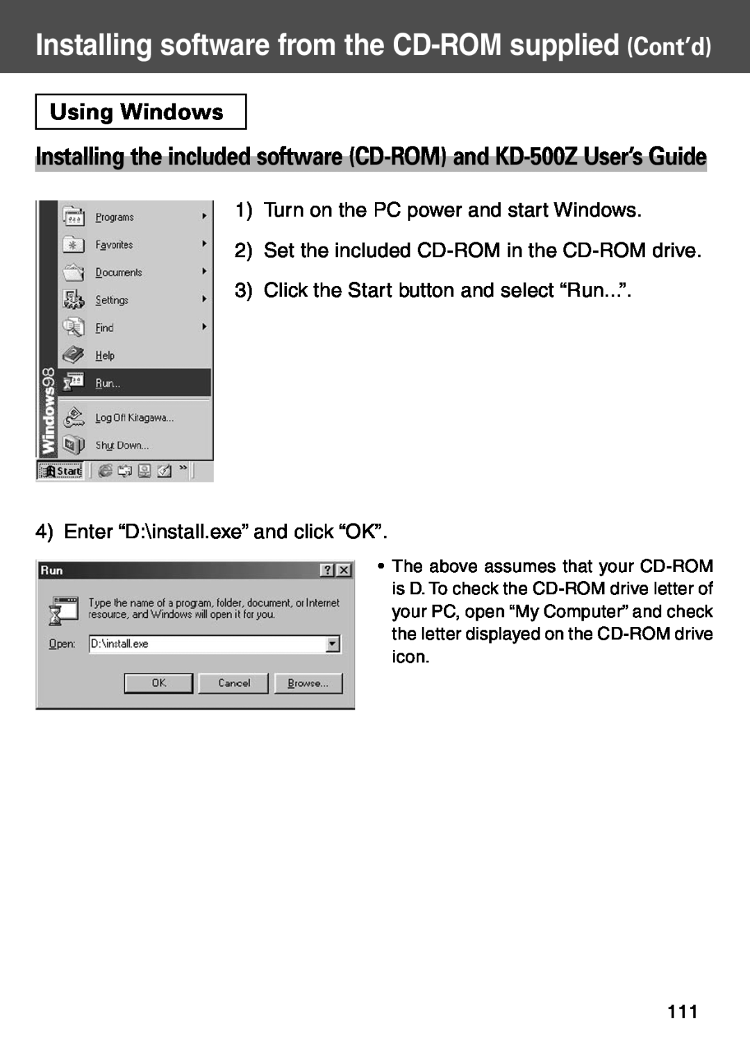 Konica Minolta user manual Using Windows, Installing the included software CD-ROM and KD-500Z User’s Guide 