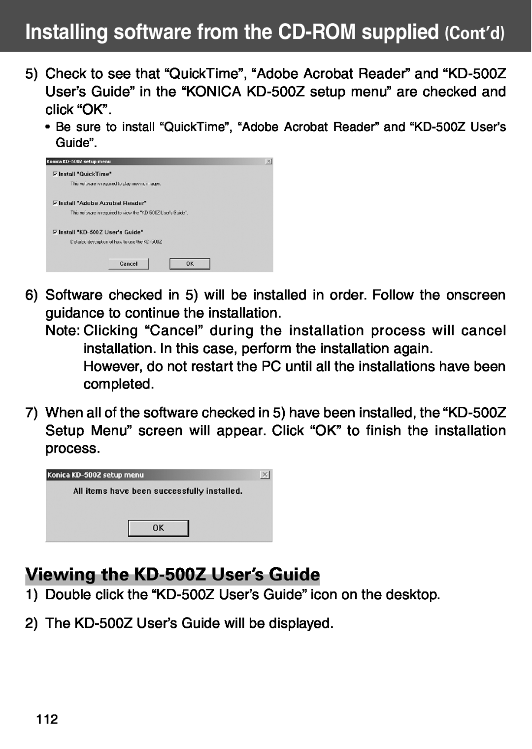 Konica Minolta user manual Viewing the KD-500Z User’s Guide, Installing software from the CD-ROM supplied Cont’d 