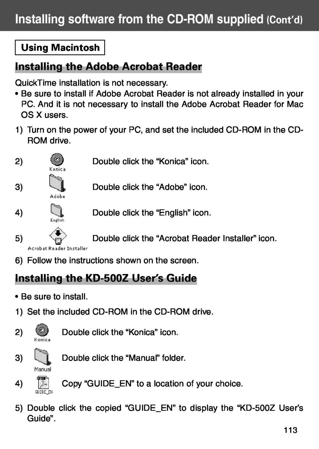 Konica Minolta user manual Installing the Adobe Acrobat Reader, Installing the KD-500Z User’s Guide, Using Macintosh 