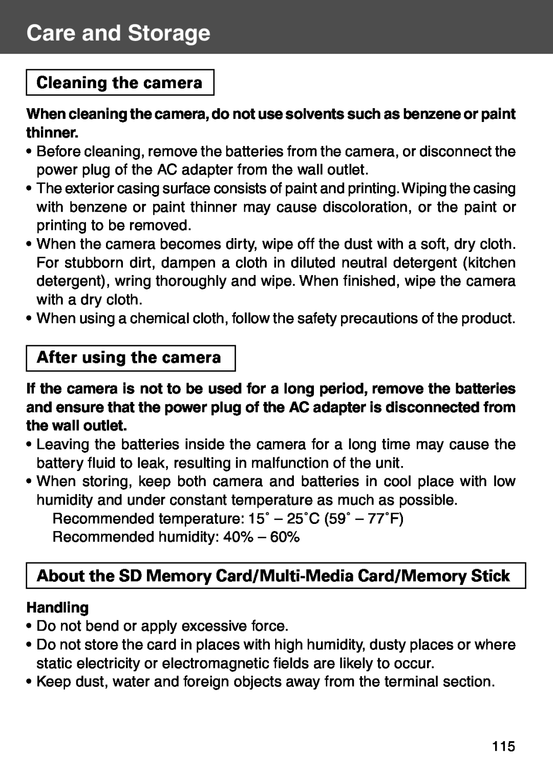 Konica Minolta KD-500Z user manual Care and Storage, Cleaning the camera, After using the camera, Handling 