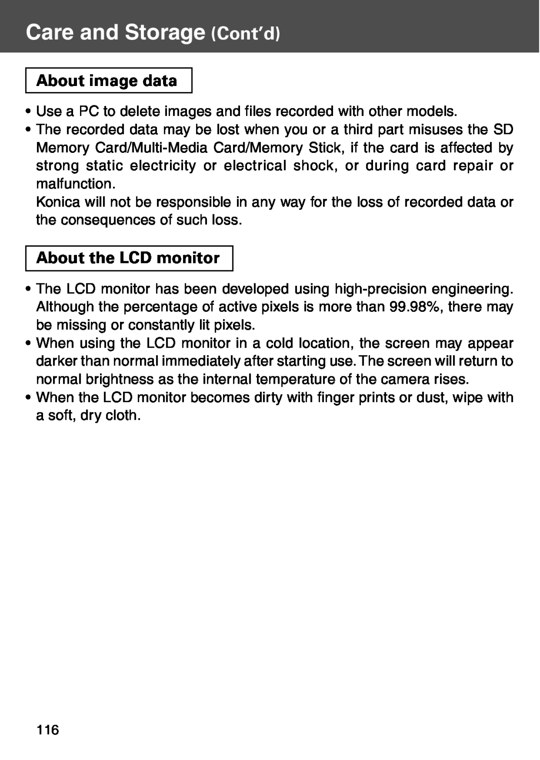 Konica Minolta KD-500Z user manual Care and Storage Cont’d, About image data, About the LCD monitor 
