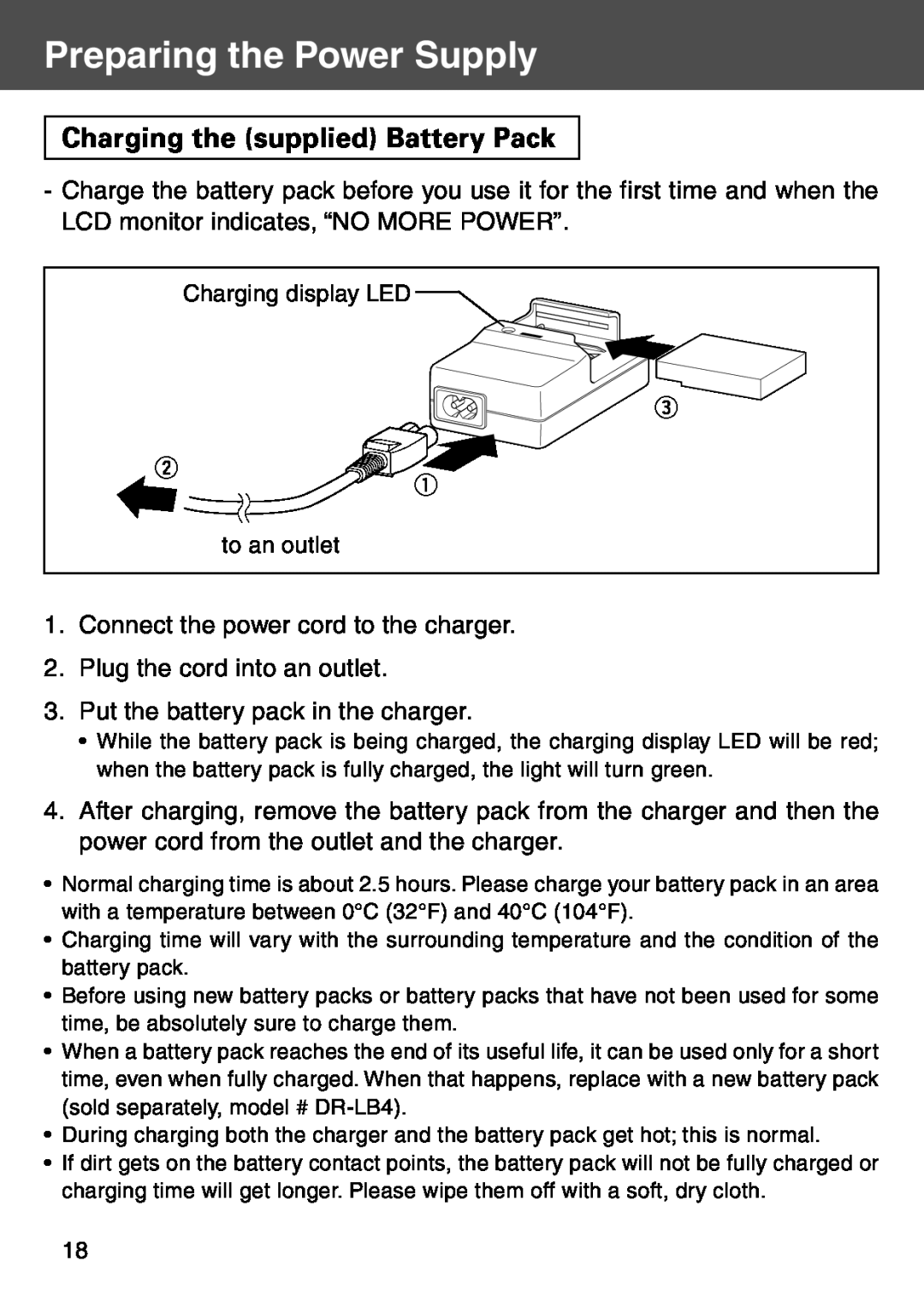 Konica Minolta KD-500Z user manual Preparing the Power Supply, Charging the supplied Battery Pack 