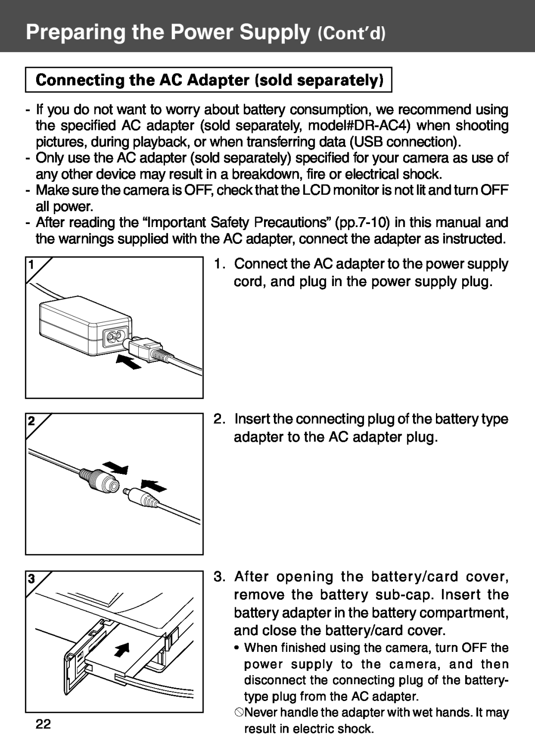 Konica Minolta KD-500Z user manual Connecting the AC Adapter sold separately, Preparing the Power Supply Cont’d 