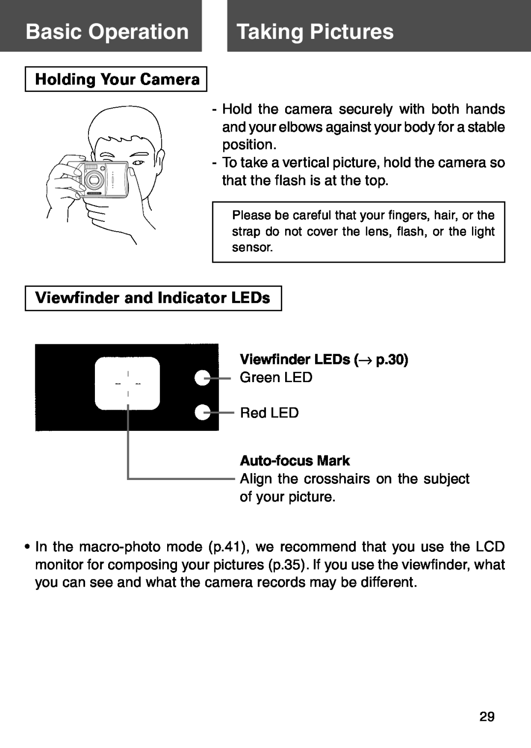 Konica Minolta KD-500Z user manual Basic Operation, Taking Pictures, Holding Your Camera, Viewfinder and Indicator LEDs 