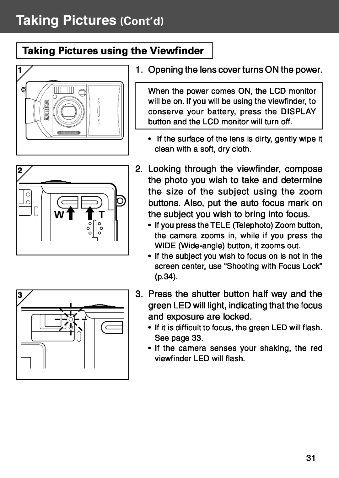 Konica Minolta KD-500Z user manual Taking Pictures using the Viewfinder, Taking Pictures Cont’d 