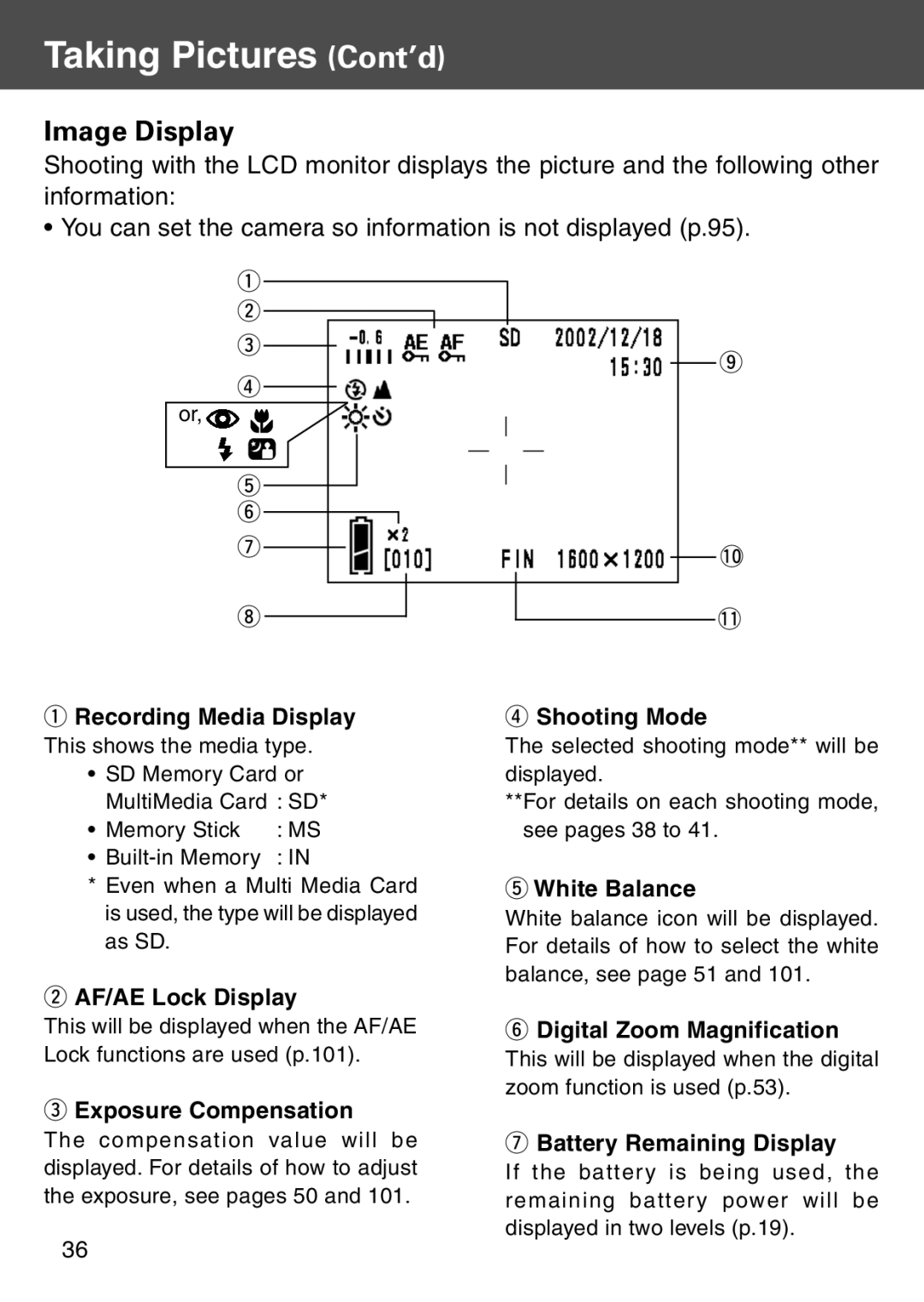 Konica Minolta KD-500Z Image Display, Taking Pictures Cont’d, q w e r, t y u, w AF/AE Lock Display, r Shooting Mode 
