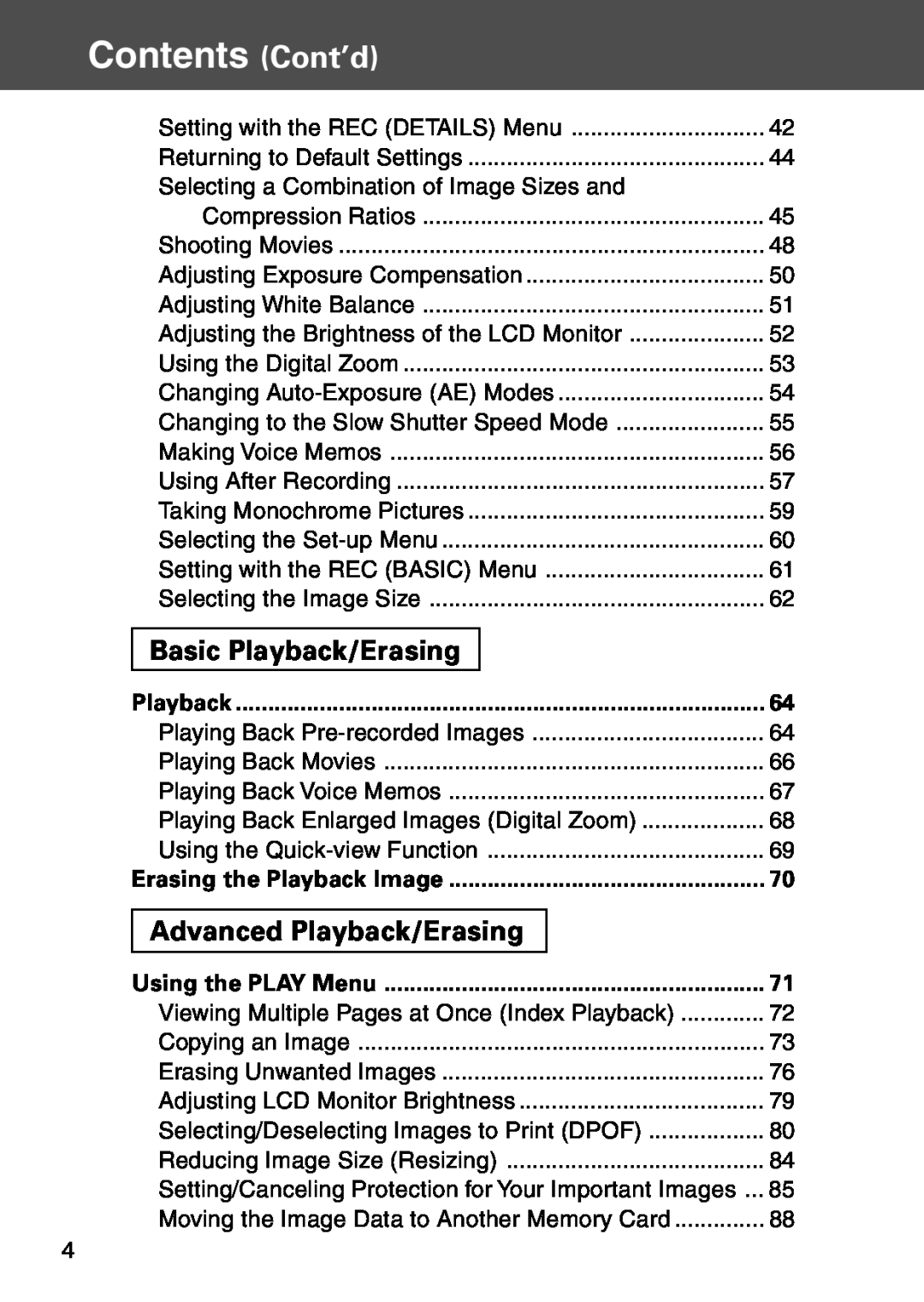 Konica Minolta KD-500Z user manual Contents Cont’d, Basic Playback/Erasing, Advanced Playback/Erasing 