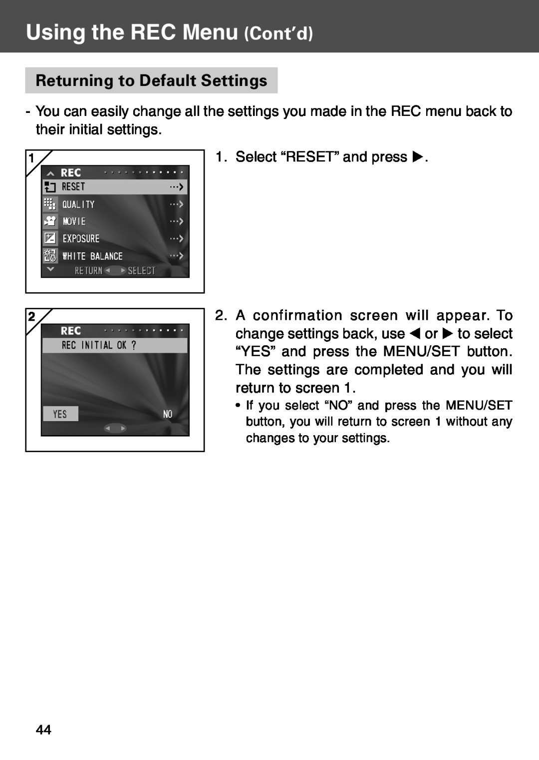 Konica Minolta KD-500Z user manual Returning to Default Settings, Using the REC Menu Cont’d 