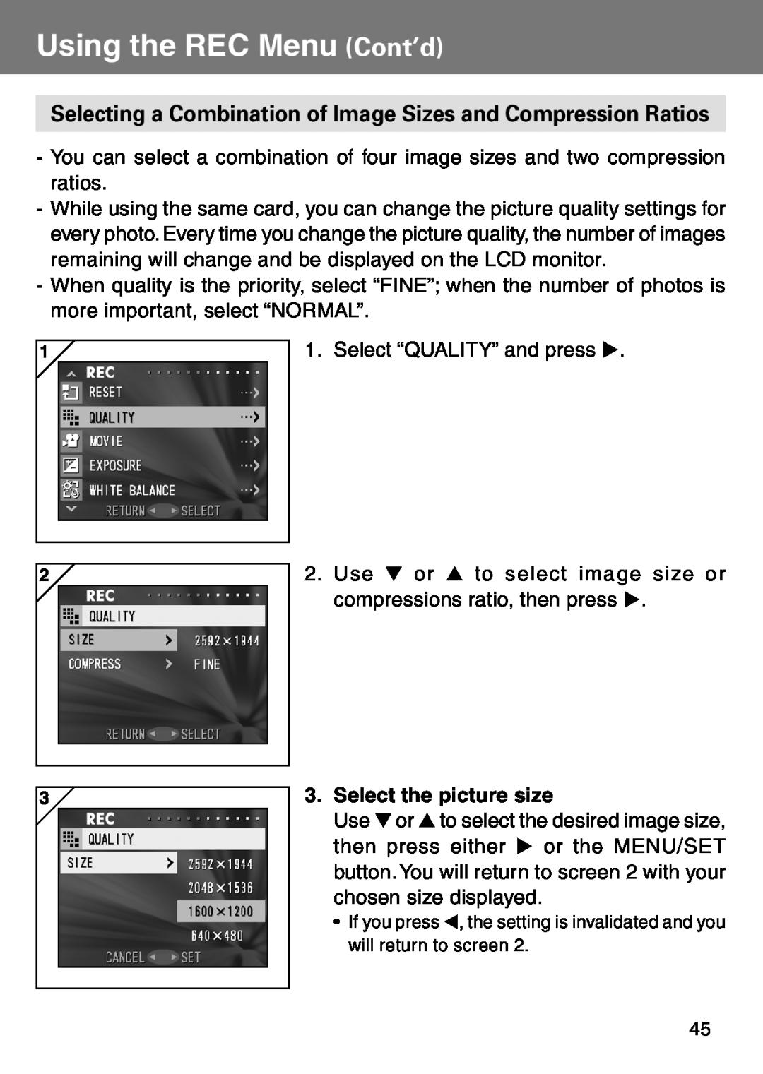 Konica Minolta KD-500Z user manual Selecting a Combination of Image Sizes and Compression Ratios, Select the picture size 