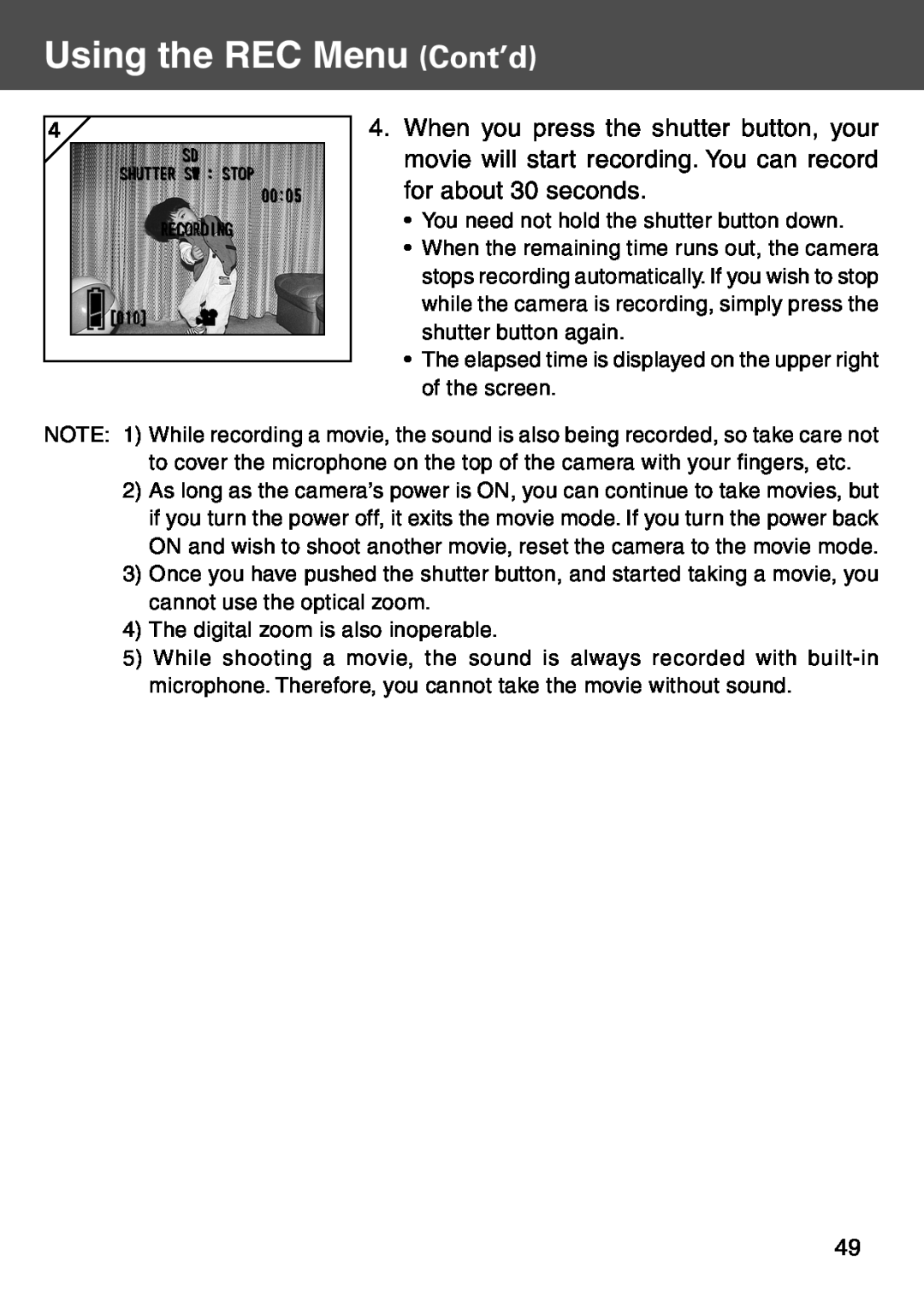 Konica Minolta KD-500Z user manual Using the REC Menu Cont’d, You need not hold the shutter button down 