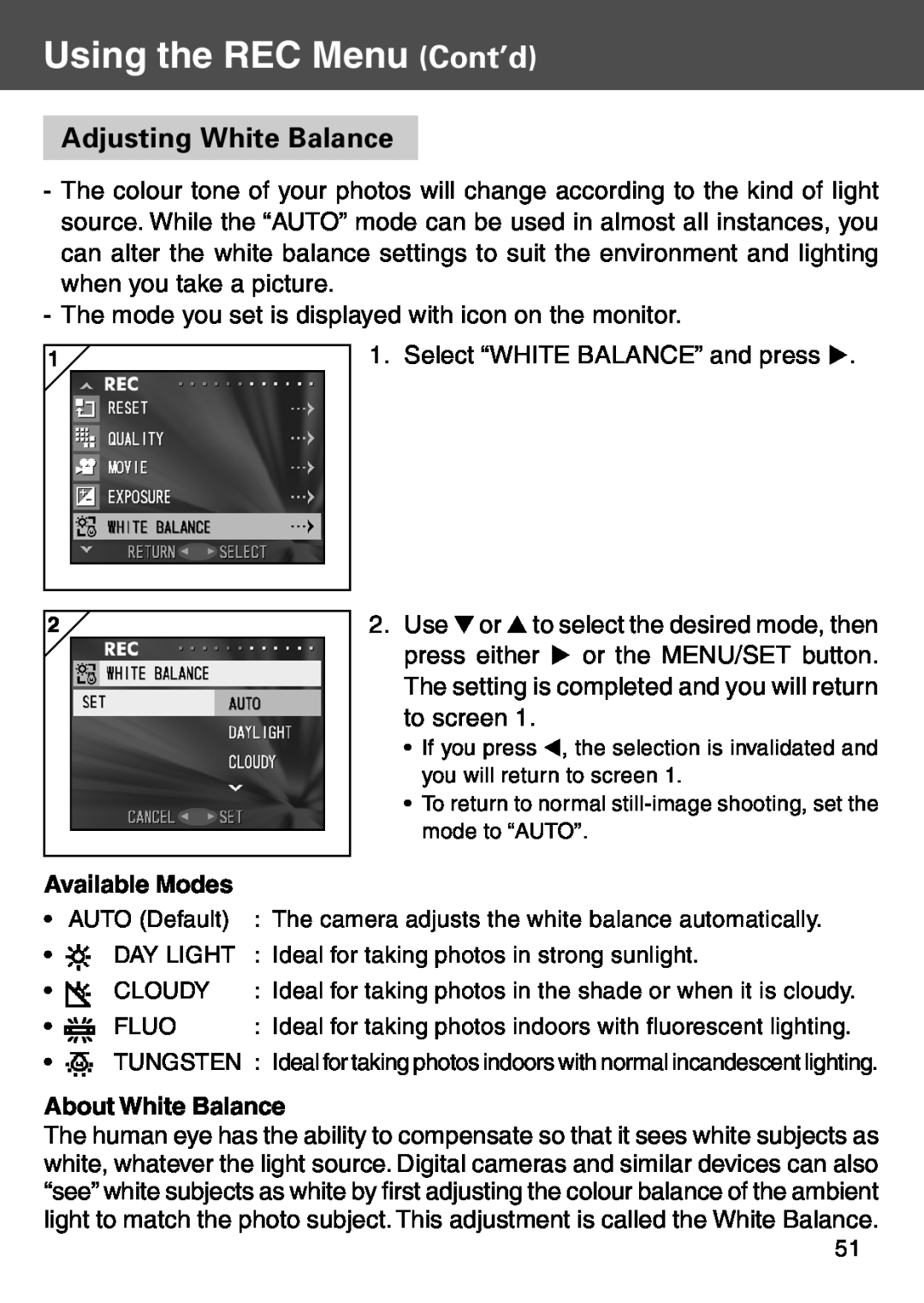 Konica Minolta KD-500Z user manual Adjusting White Balance, Available Modes, About White Balance, Using the REC Menu Cont’d 