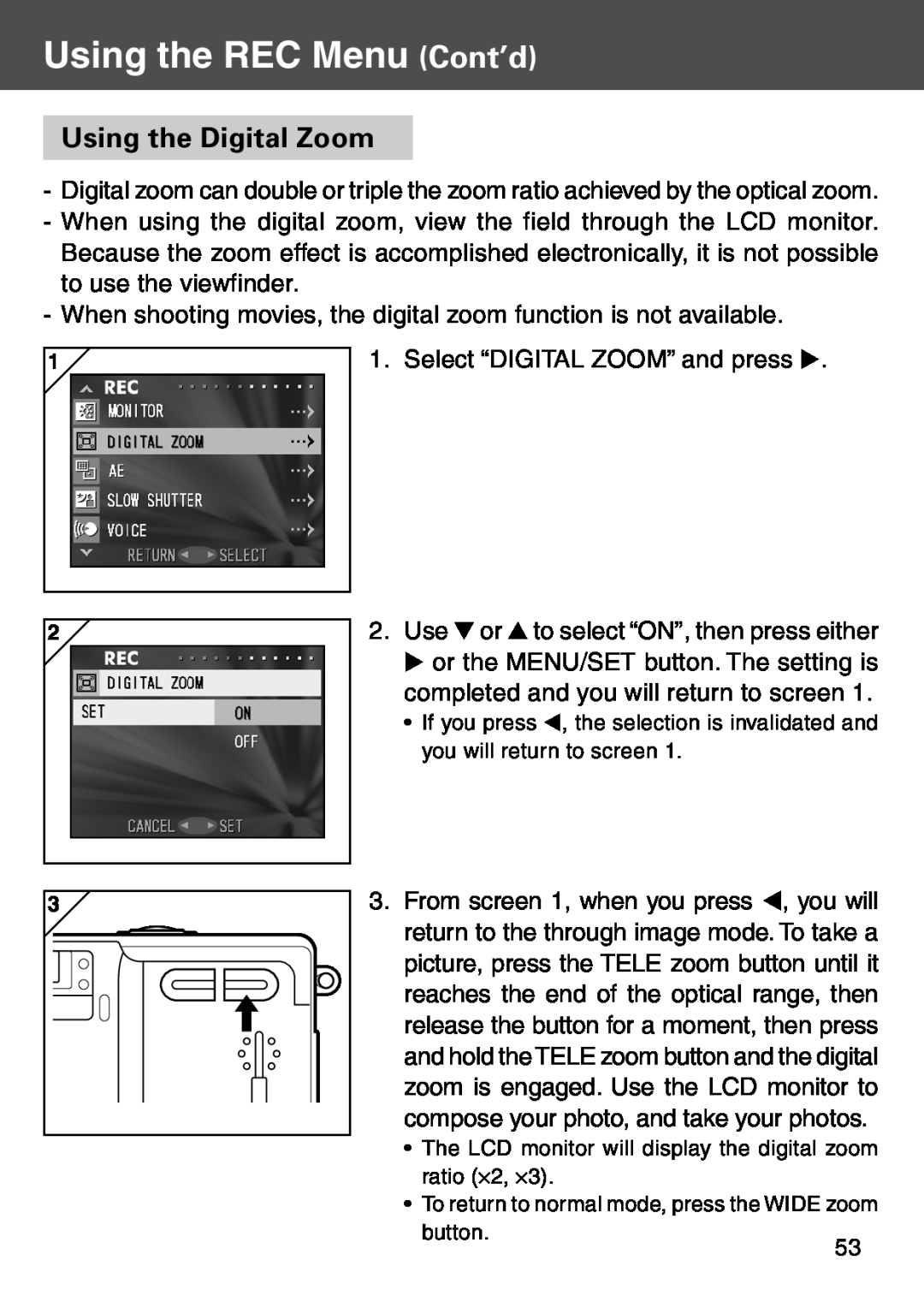 Konica Minolta KD-500Z user manual Using the Digital Zoom, Using the REC Menu Cont’d 