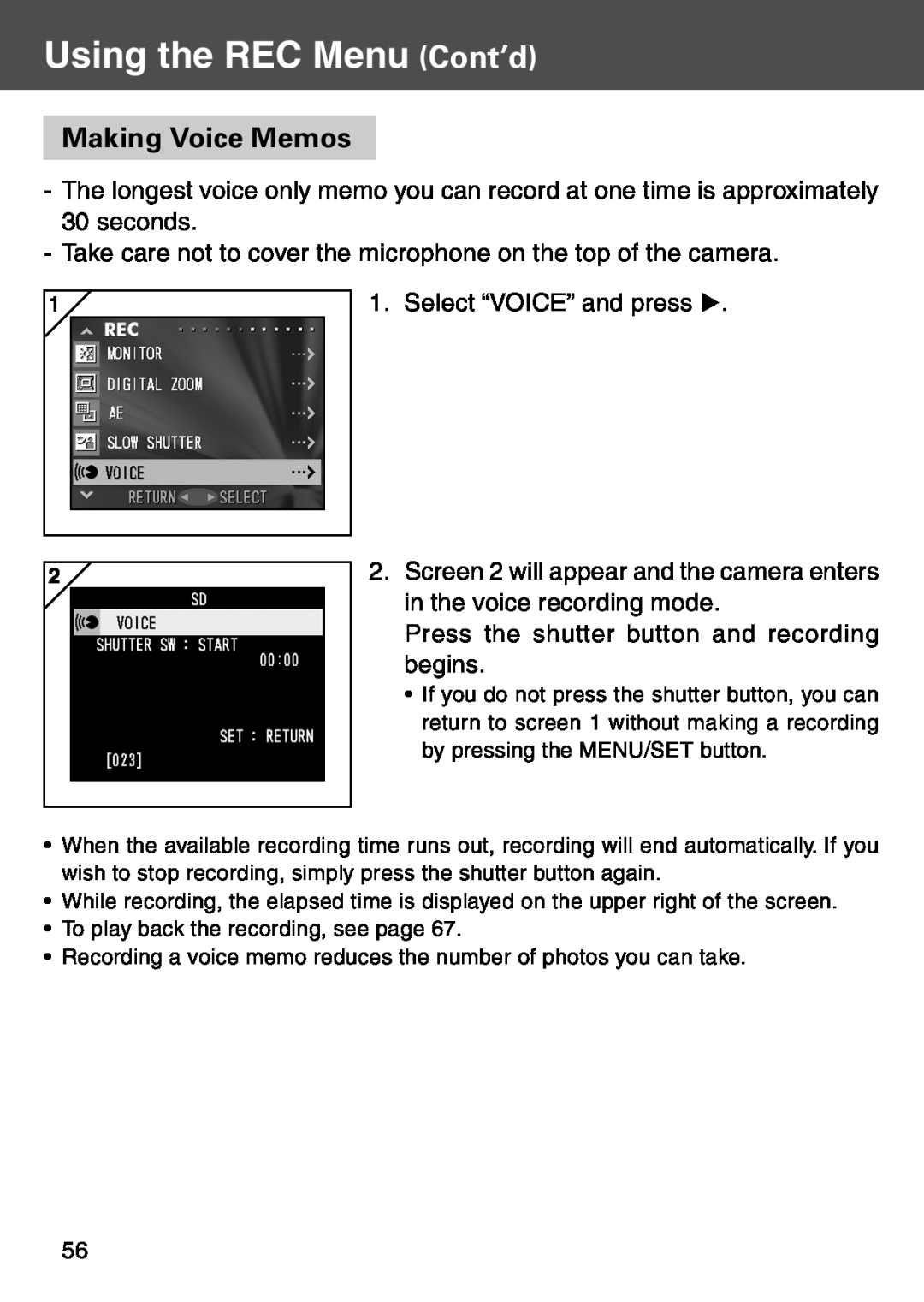 Konica Minolta KD-500Z user manual Making Voice Memos, Using the REC Menu Cont’d 