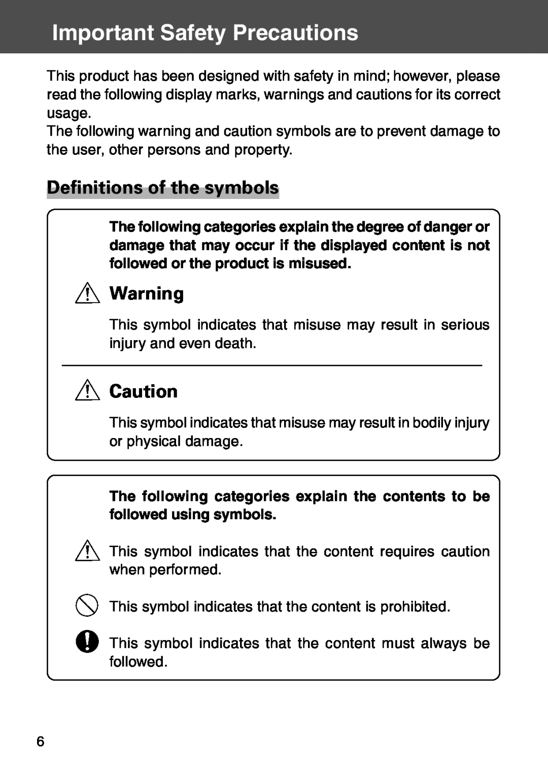 Konica Minolta KD-500Z user manual Important Safety Precautions, Definitions of the symbols 