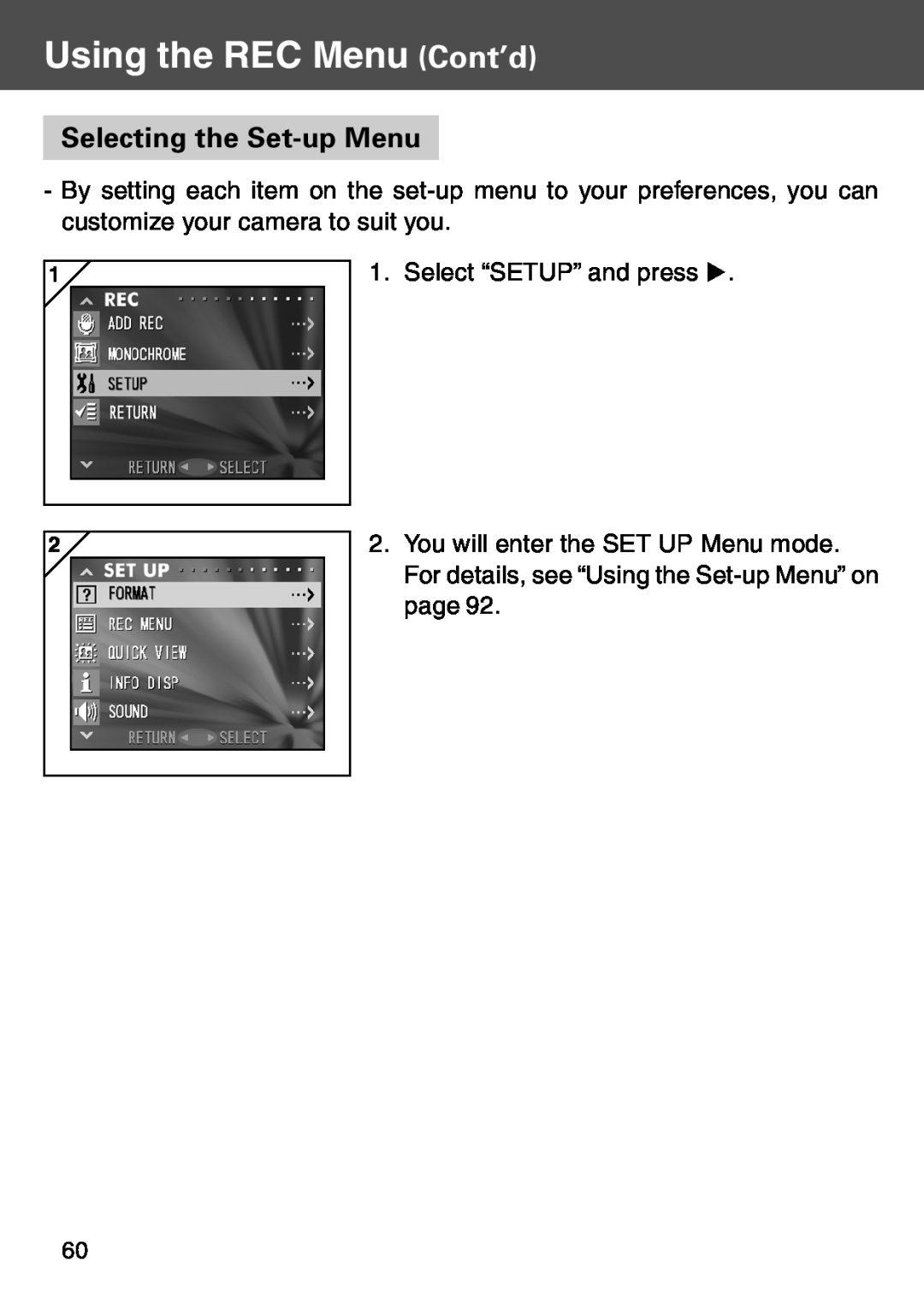 Konica Minolta KD-500Z user manual Selecting the Set-up Menu, Using the REC Menu Cont’d 