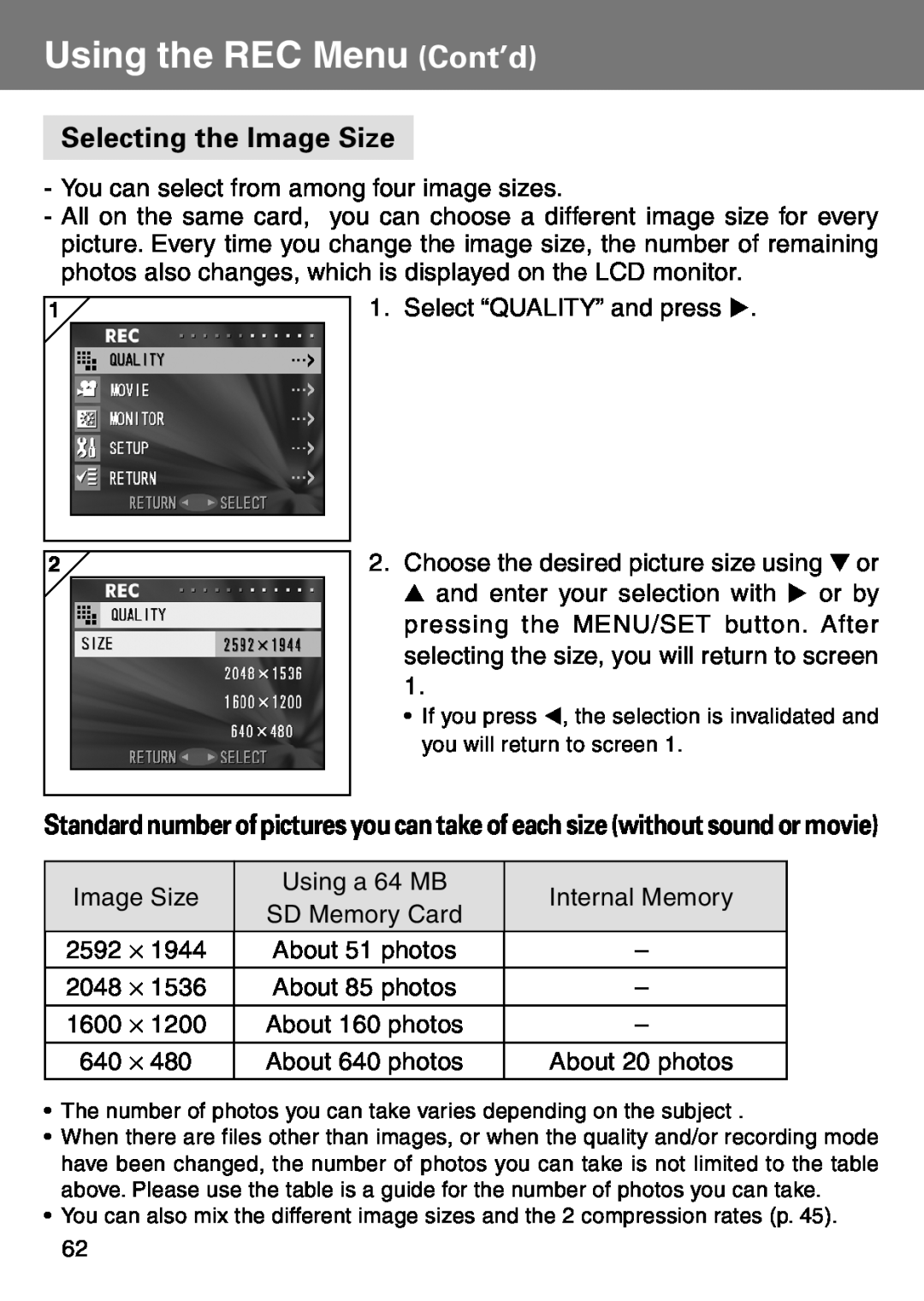Konica Minolta KD-500Z user manual Selecting the Image Size, Using the REC Menu Cont’d, About 51 photos, About 85 photos 