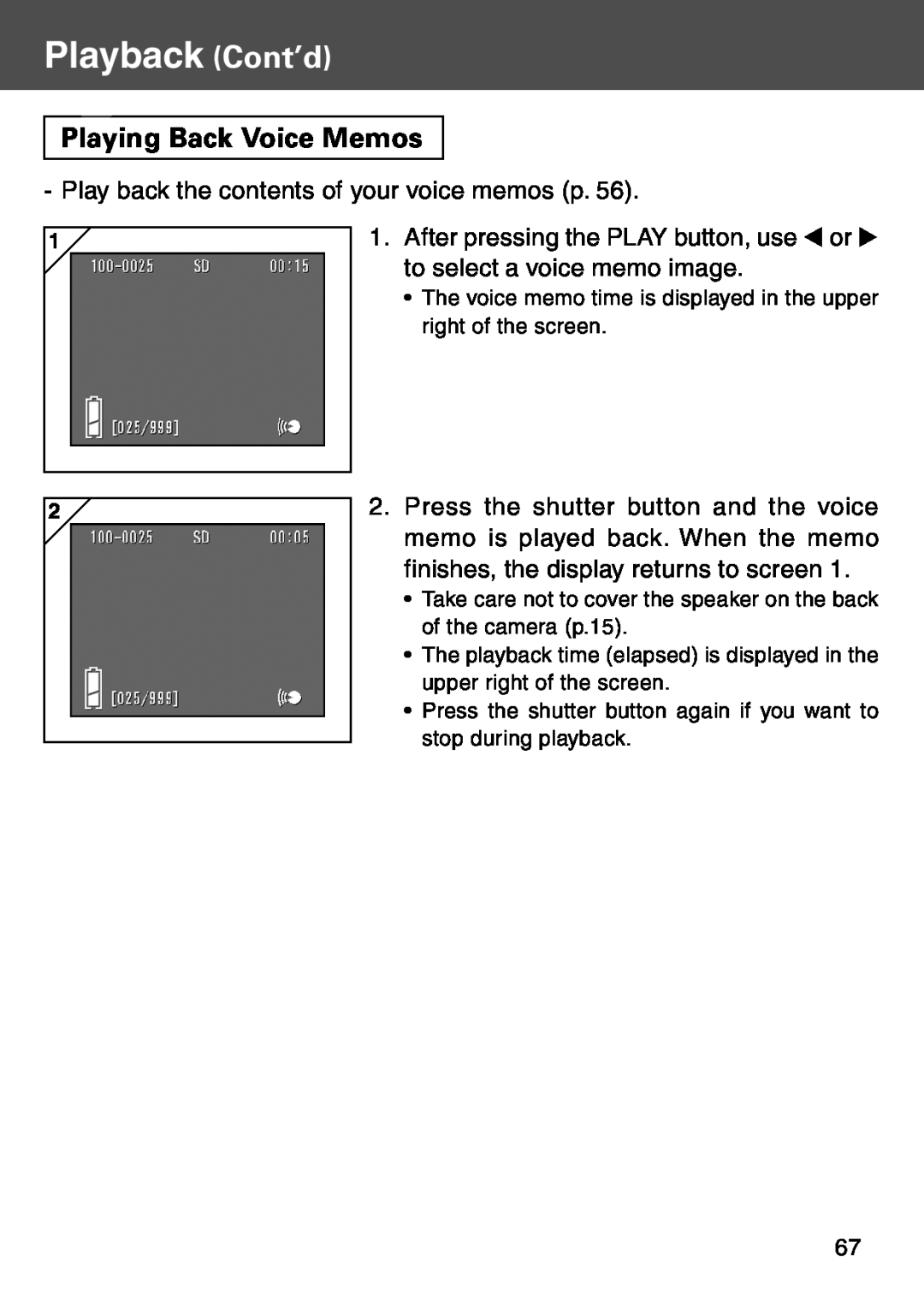 Konica Minolta KD-500Z user manual Playing Back Voice Memos, Playback Cont’d 