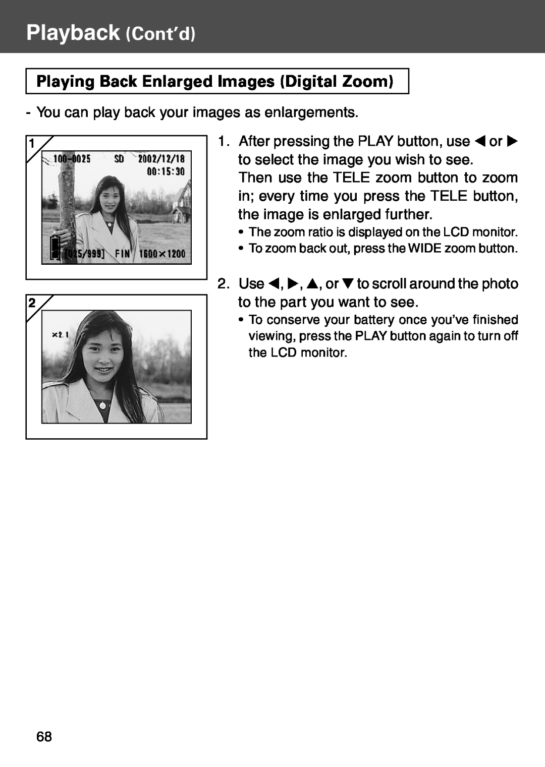 Konica Minolta KD-500Z user manual Playing Back Enlarged Images Digital Zoom, Playback Cont’d 