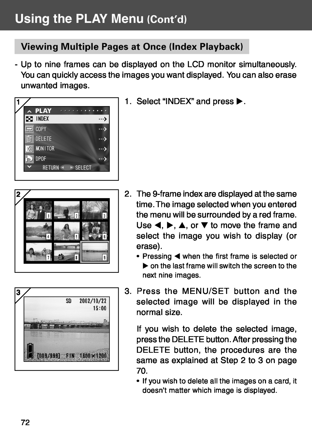 Konica Minolta KD-500Z user manual Using the PLAY Menu Cont’d, Viewing Multiple Pages at Once Index Playback 