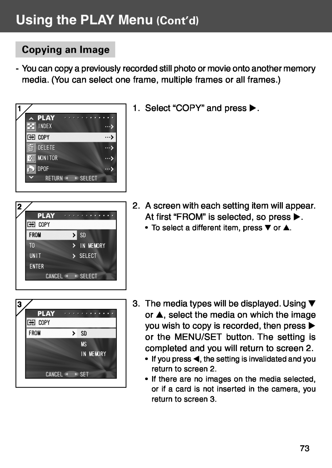 Konica Minolta KD-500Z user manual Copying an Image, Using the PLAY Menu Cont’d 