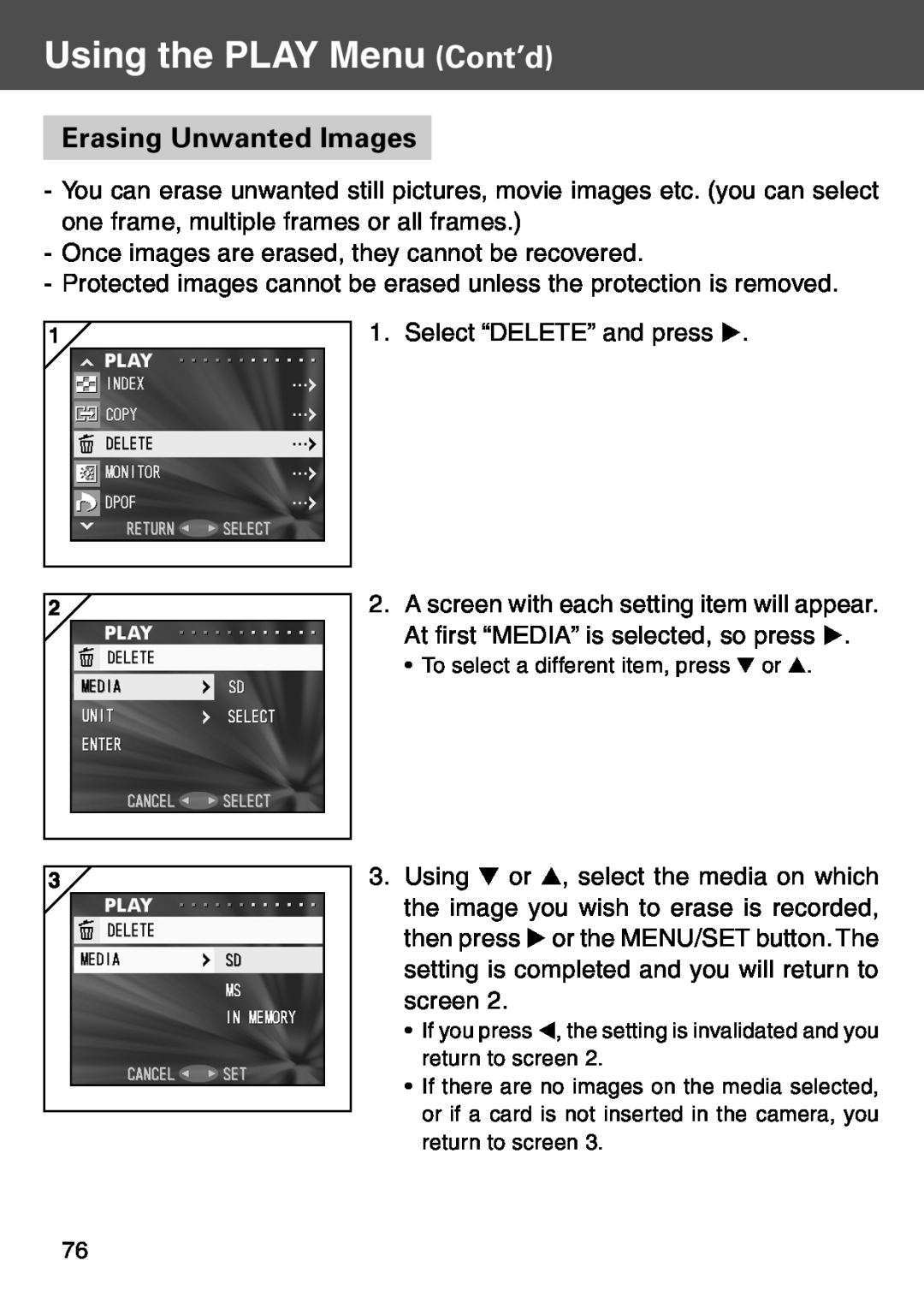 Konica Minolta KD-500Z user manual Erasing Unwanted Images, Using the PLAY Menu Cont’d, the setting is invalidated and you 