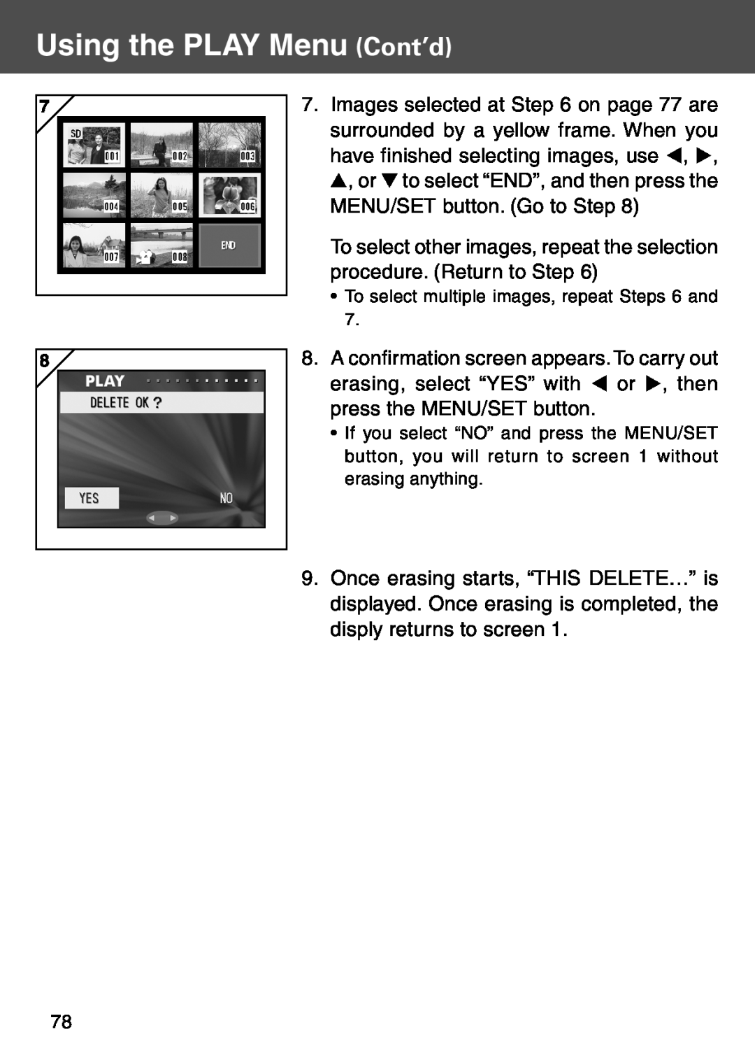Konica Minolta KD-500Z user manual Using the PLAY Menu Cont’d, To select multiple images, repeat Steps 6 and 