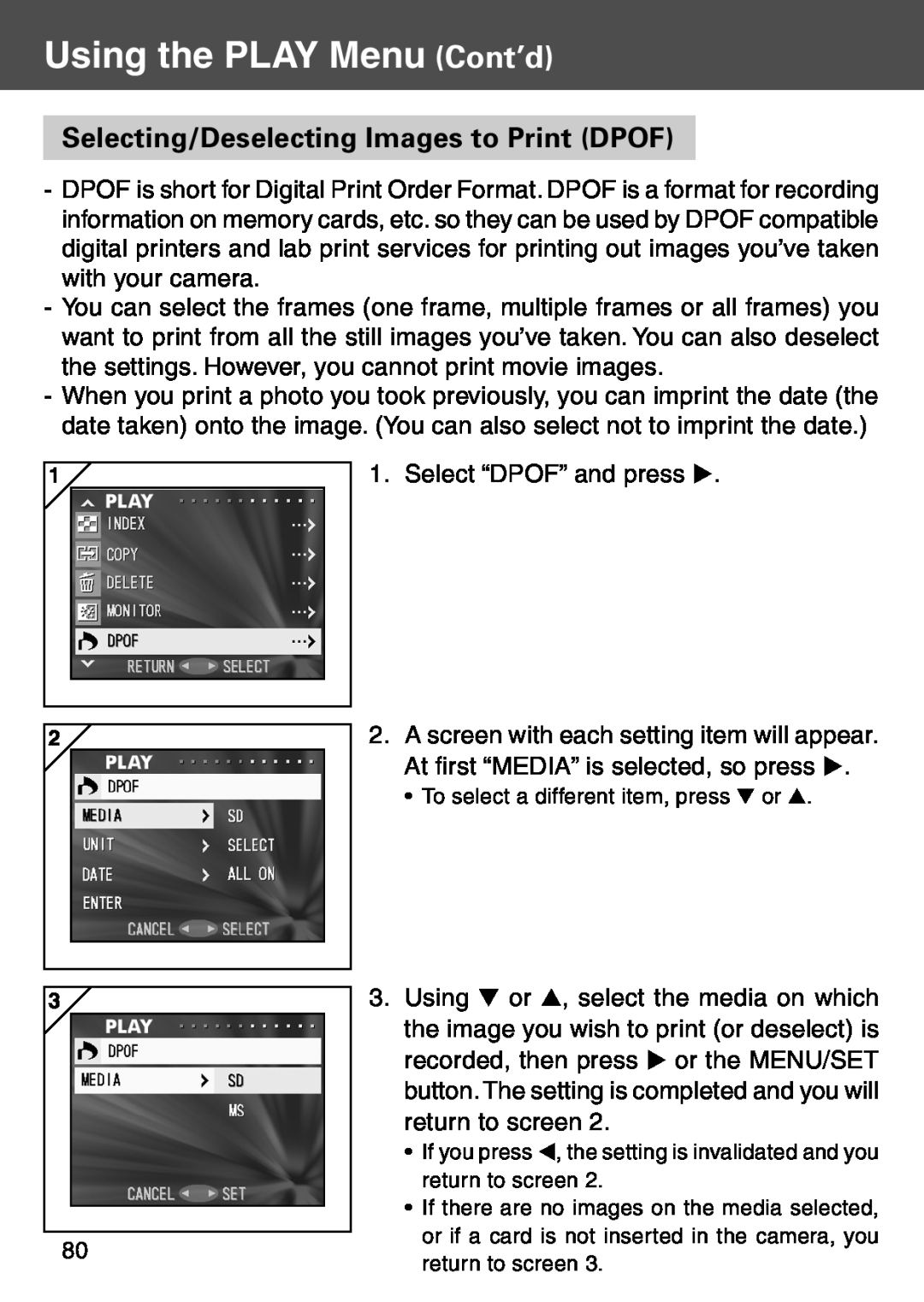 Konica Minolta KD-500Z user manual Selecting/Deselecting Images to Print DPOF, Using the PLAY Menu Cont’d 