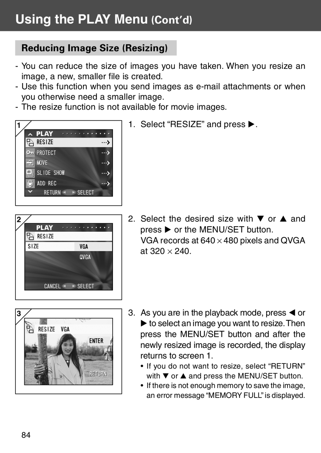 Konica Minolta KD-500Z user manual Reducing Image Size Resizing, Using the PLAY Menu Cont’d 