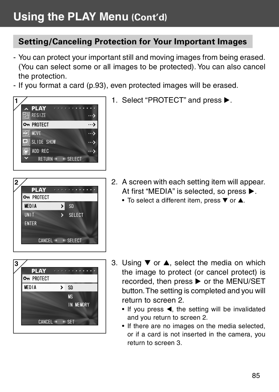 Konica Minolta KD-500Z user manual Setting/Canceling Protection for Your Important Images, Using the PLAY Menu Cont’d 