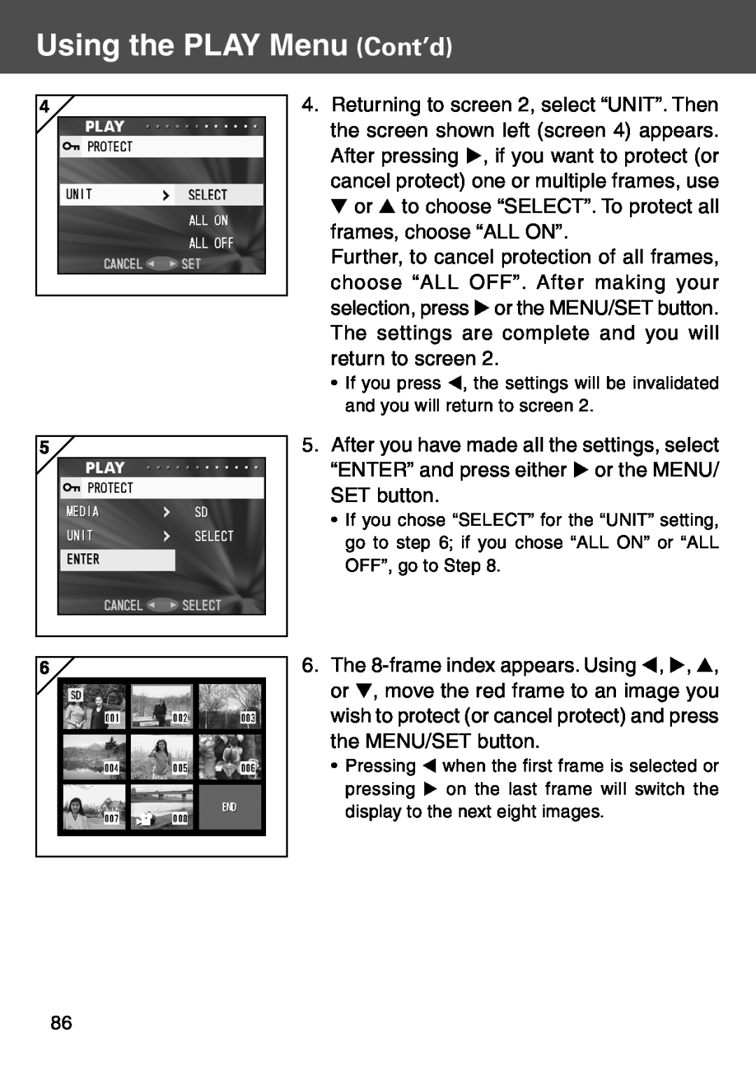 Konica Minolta KD-500Z user manual Using the PLAY Menu Cont’d, Pressing 