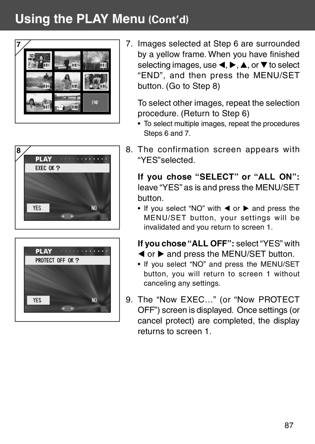 Konica Minolta KD-500Z user manual If you chose “ALL OFF” select “YES” with, Using the PLAY Menu Cont’d 