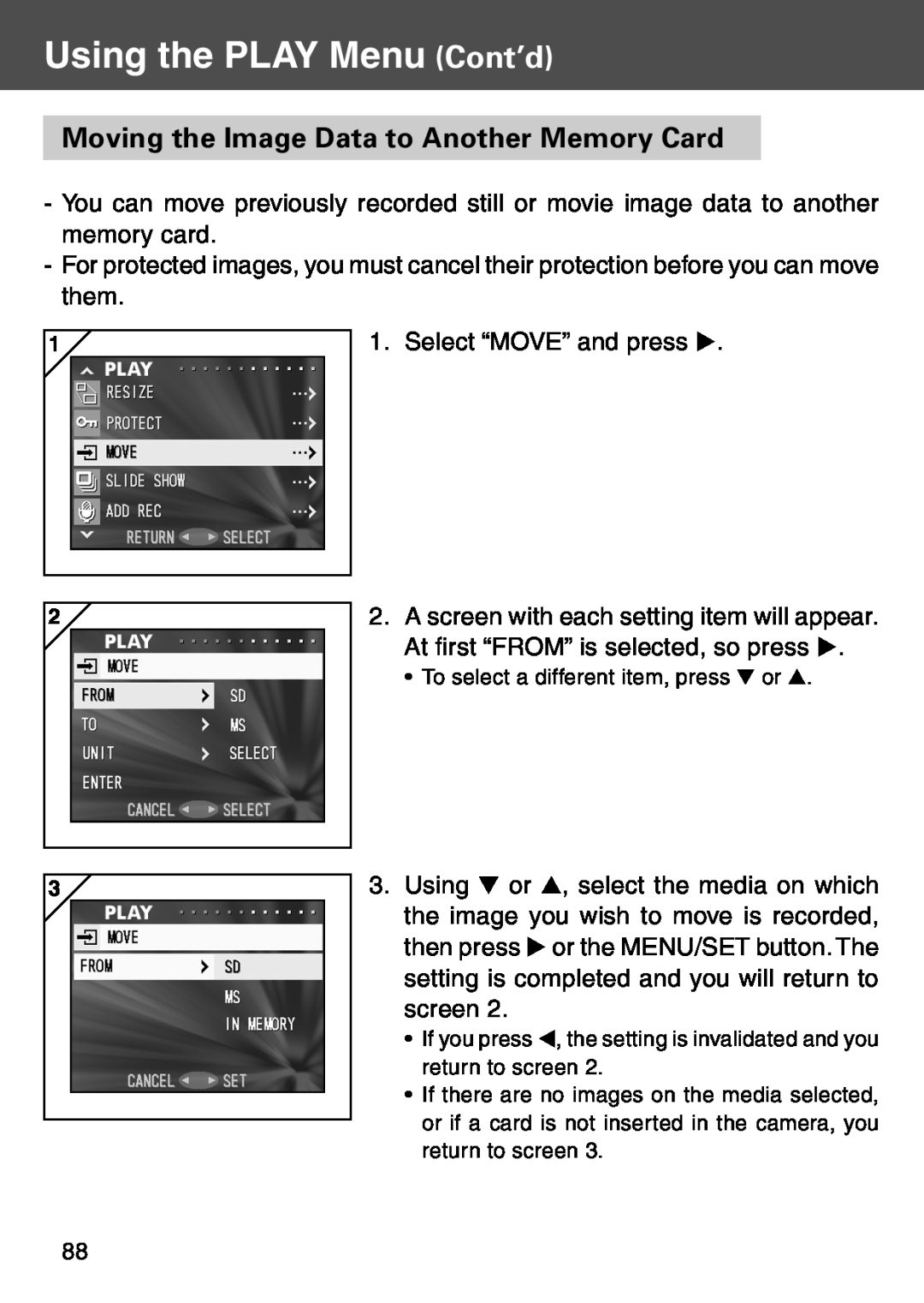 Konica Minolta KD-500Z user manual Moving the Image Data to Another Memory Card, Using the PLAY Menu Cont’d 