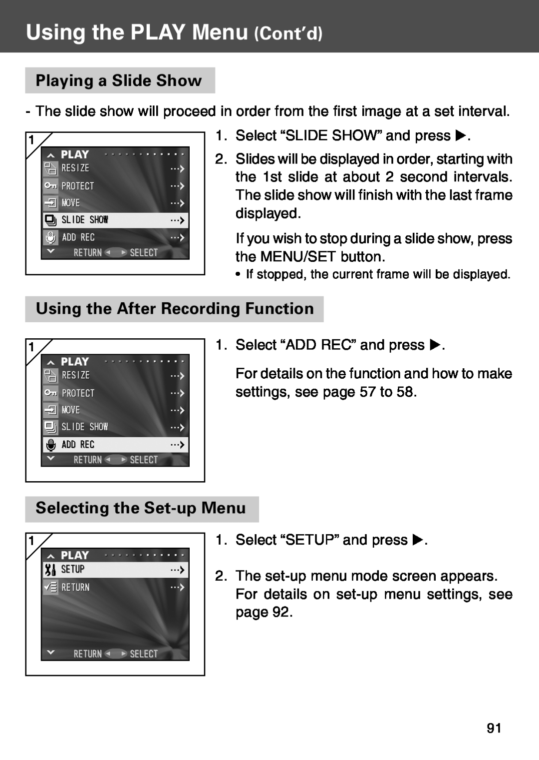 Konica Minolta KD-500Z user manual Playing a Slide Show, Using the After Recording Function, Using the PLAY Menu Cont’d 