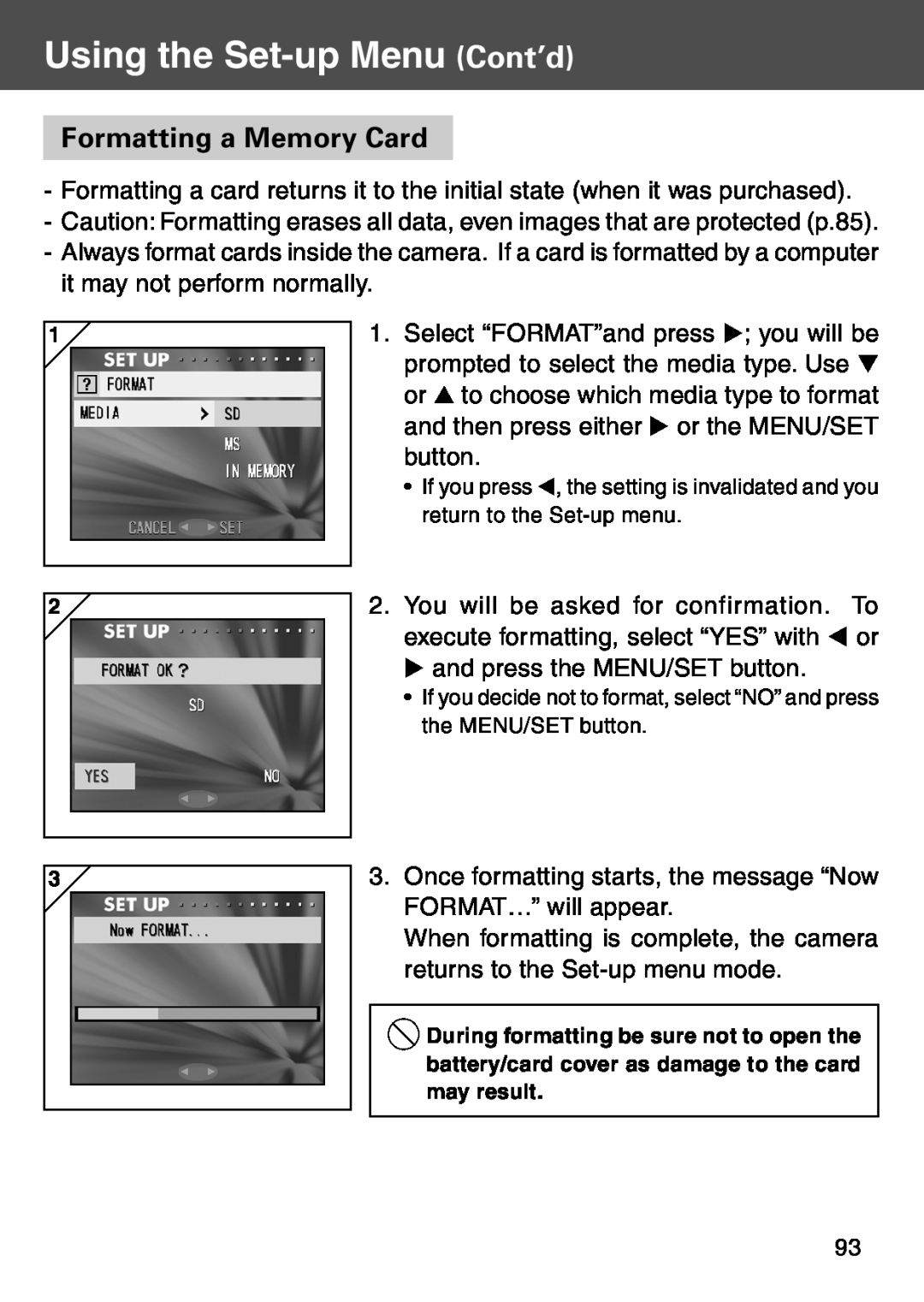 Konica Minolta KD-500Z user manual Using the Set-up Menu Cont’d, Formatting a Memory Card 