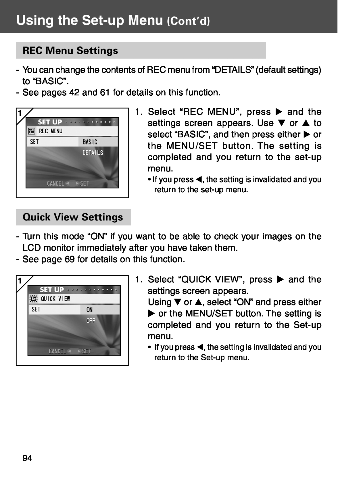 Konica Minolta KD-500Z user manual REC Menu Settings, Quick View Settings, Using the Set-up Menu Cont’d 