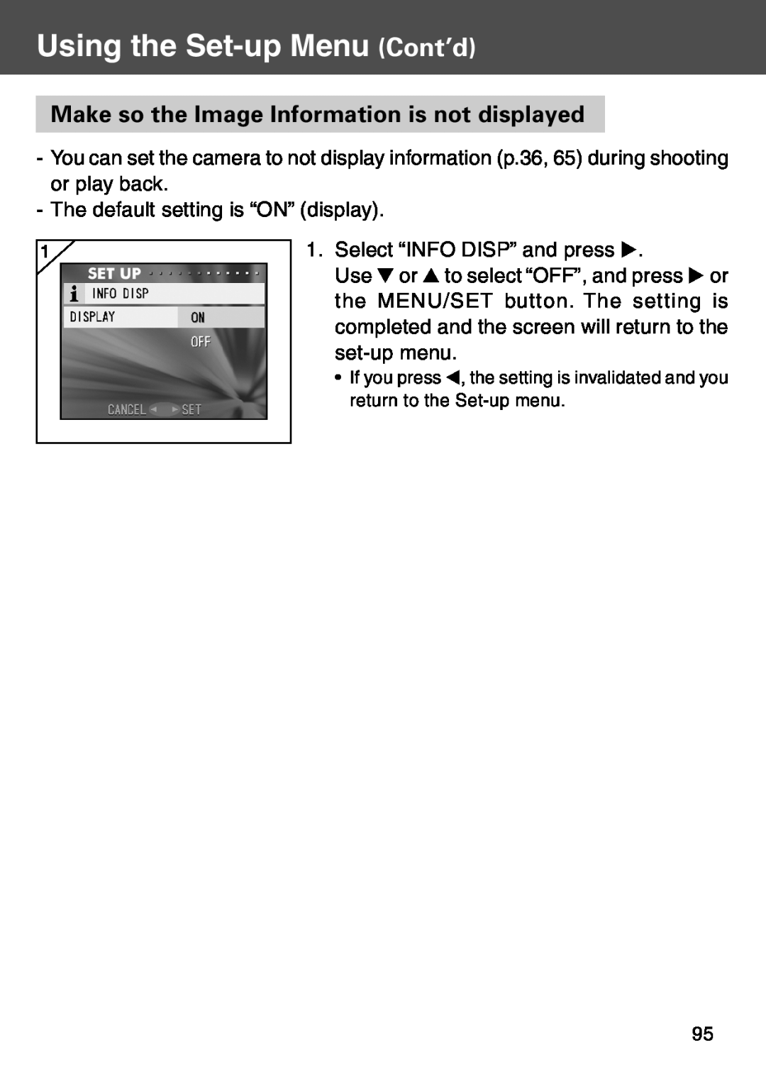 Konica Minolta KD-500Z user manual Make so the Image Information is not displayed, Using the Set-up Menu Cont’d 