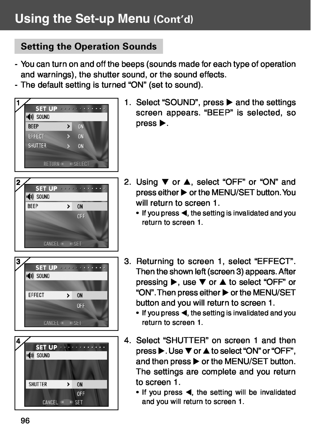 Konica Minolta KD-500Z user manual Setting the Operation Sounds, Using the Set-up Menu Cont’d 