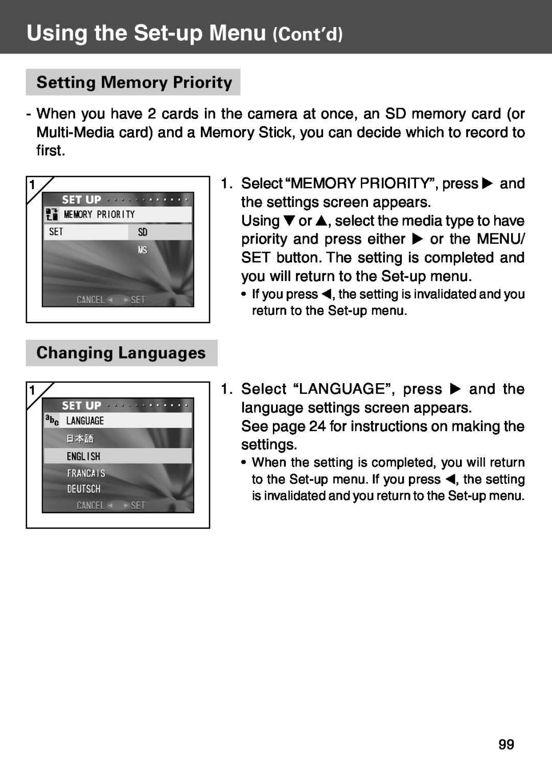 Konica Minolta KD-500Z user manual Setting Memory Priority, Changing Languages, Using the Set-up Menu Cont’d 