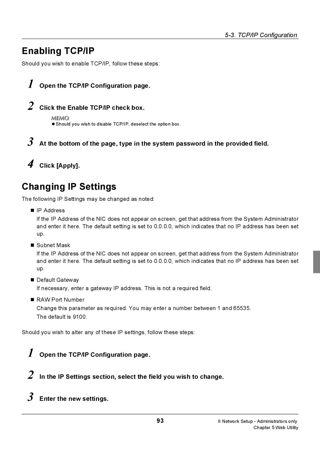 Konica Minolta Konica 7222 Enabling TCP/IP, Changing IP Settings, Should you wish to enable TCP/IP, follow these steps 