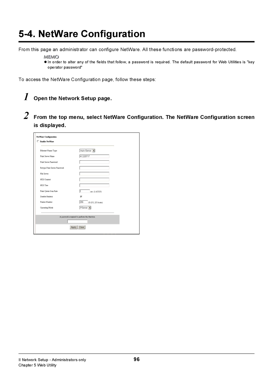 Konica Minolta Konica 7222, 7235, 7228 manual To access the NetWare Configuration page, follow these steps 