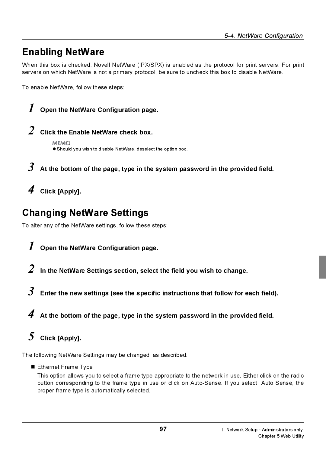 Konica Minolta 7235 Enabling NetWare, Changing NetWare Settings, To alter any of the NetWare settings, follow these steps 