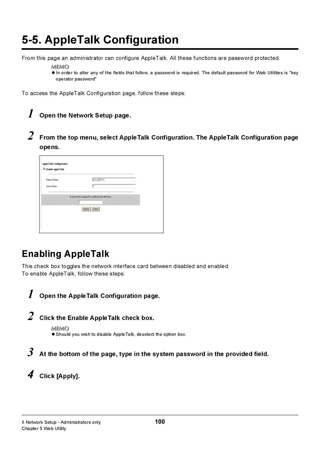 Konica Minolta 7235, Konica 7222, 7228 manual AppleTalk Configuration, Enabling AppleTalk, 100 