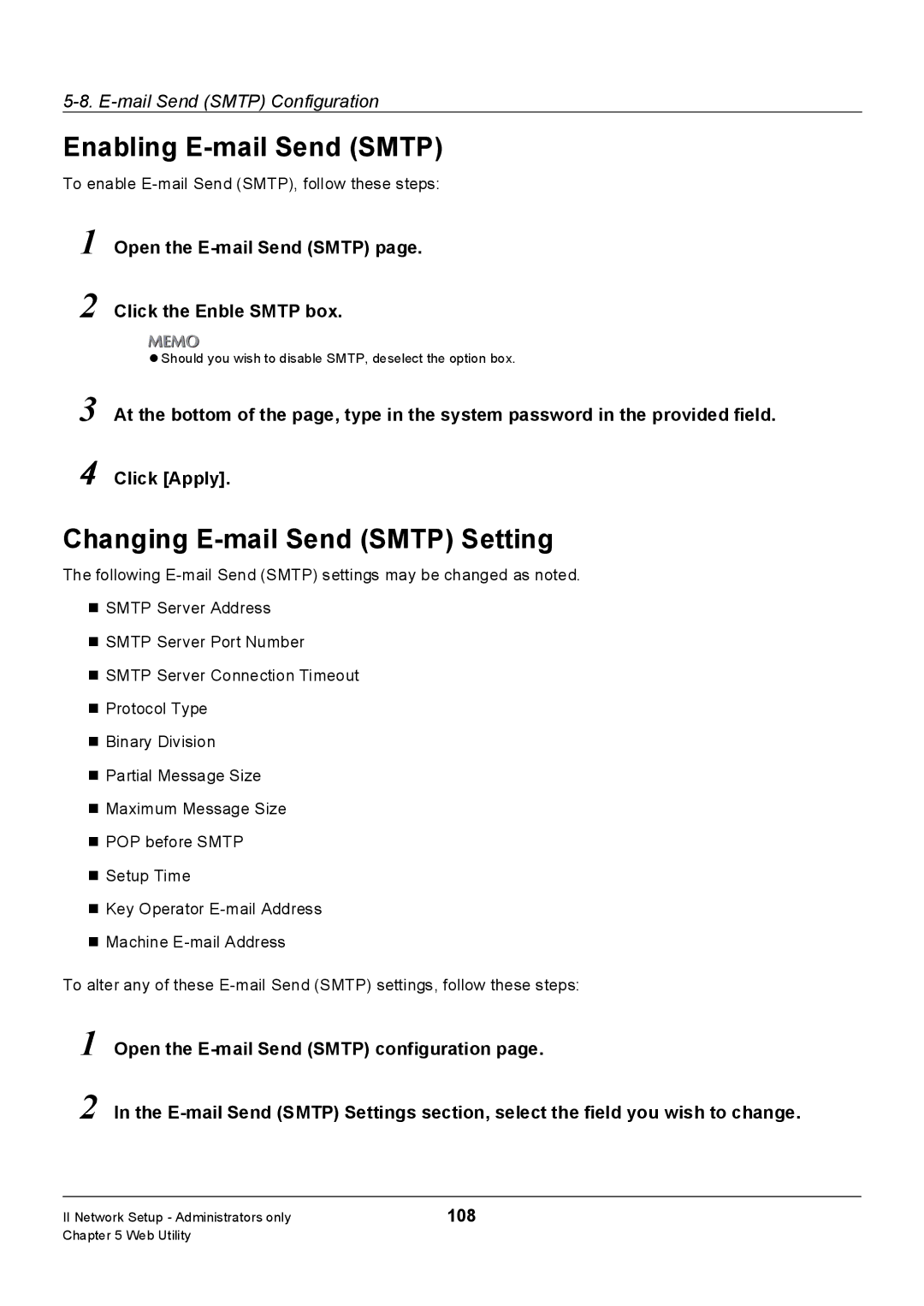 Konica Minolta Konica 7222, 7235, 7228 manual Enabling E-mail Send Smtp, Changing E-mail Send Smtp Setting, 108 